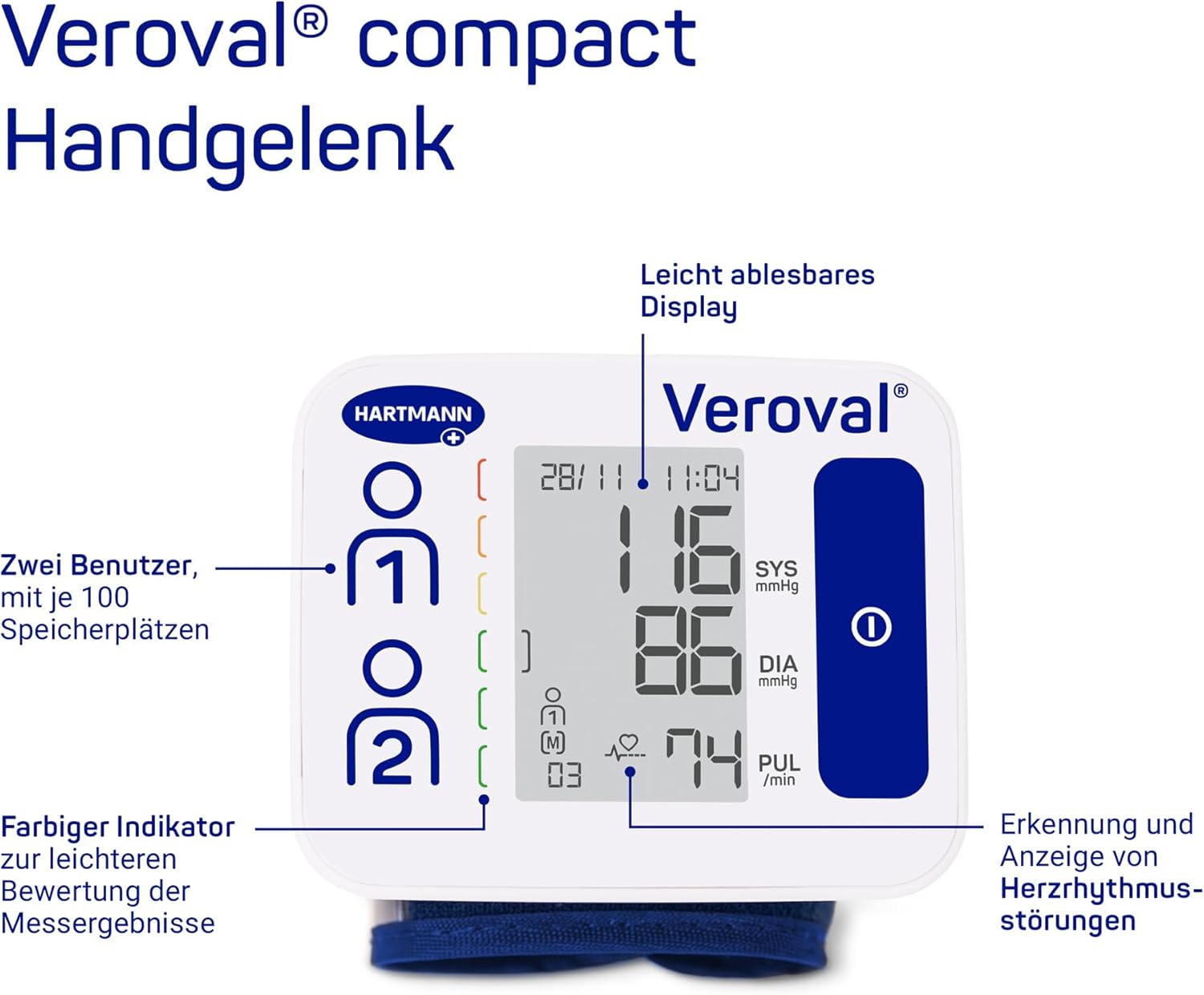 Veroval Compact Handgelenk-Blutdruckmessgerät, einfache und schnelle Messung, klinisch validiert, erkennt Herzrhythmusstörungen – Bild 5