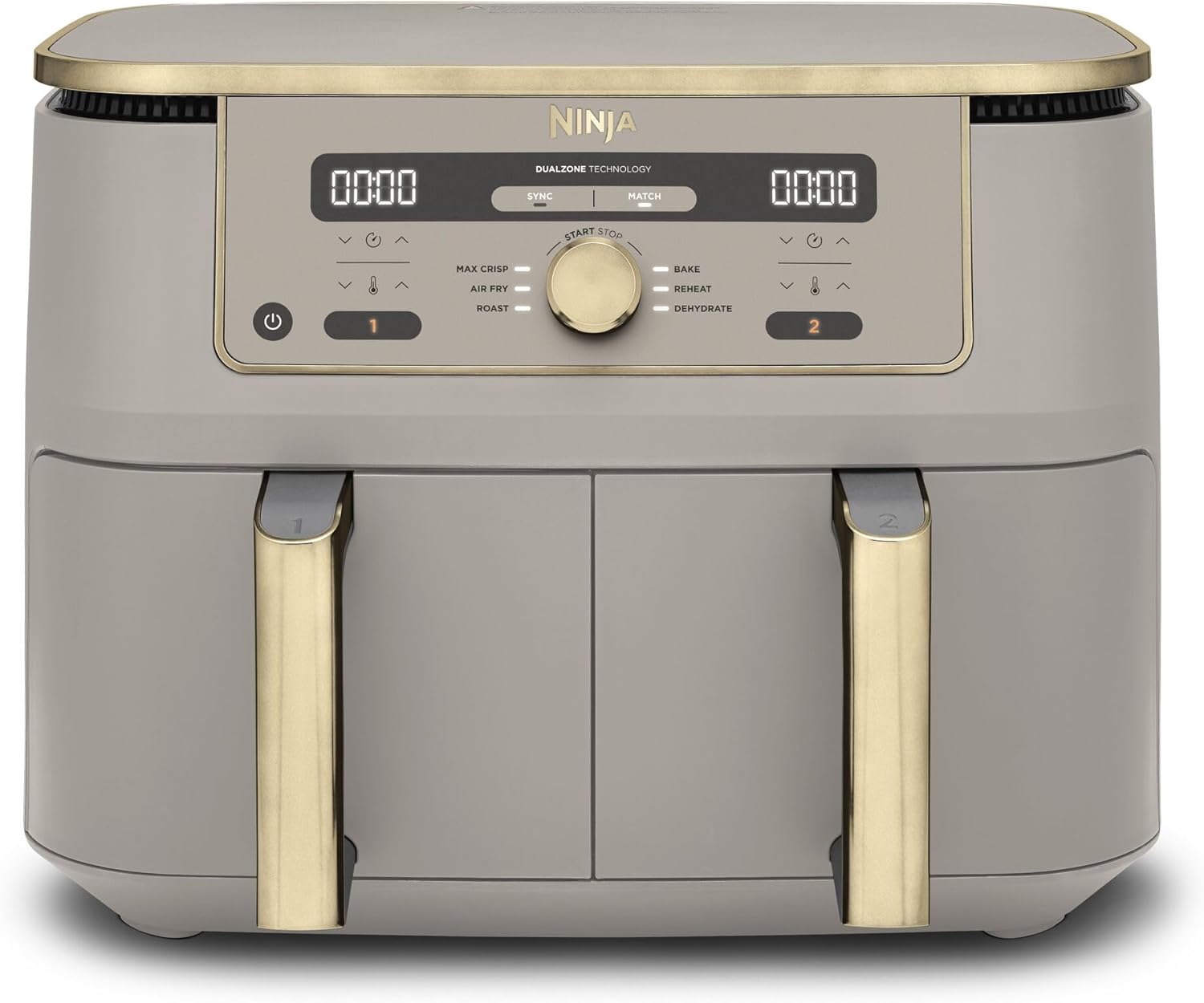 Digitale Dual-Zonen-Luftfritteuse von Ninja, 2 Schubladen, 6-in-1, Heißluftfritteuse, 9,5 l, Heißluftfritteuse, maximale Knusprigkeit, Braten, Backen, Aufwärmen, spülmaschinenfeste Körbe, Stein/Gold DZ400EUSTGD