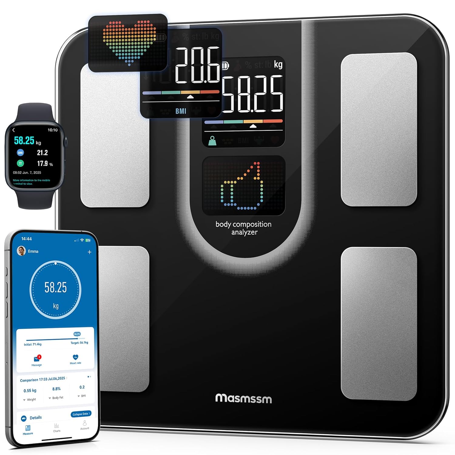 Personenwaage Körperfettwaage Bluetooth Körperanalysewaage mit VA-Anzeige, 22 Körperwerte, Herzfrequenz, BMI, Körperfett & Muskelmasse, kompatibel mit iOS/Android, max. 180 kg