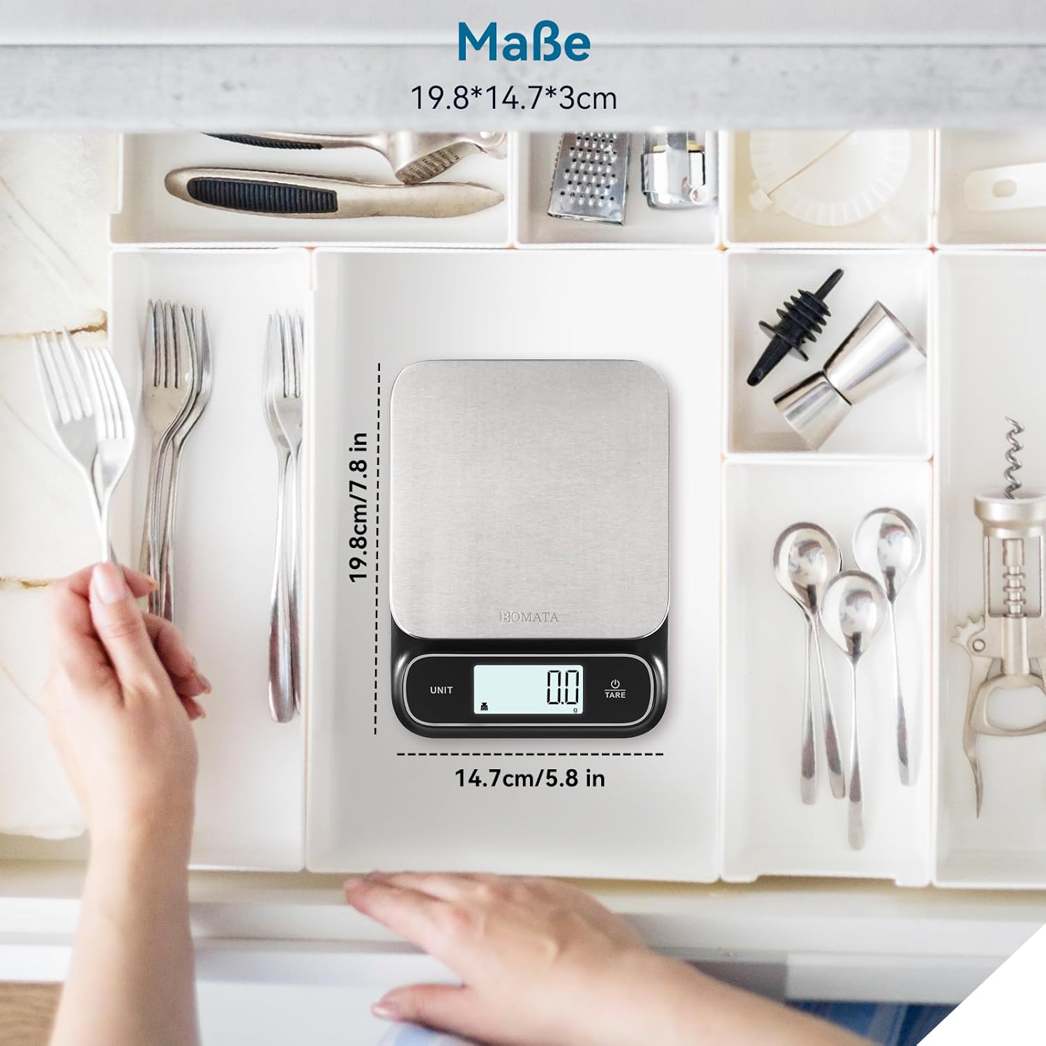 BOMATA Wasserdichte IPX6-Küchenwaage, 0,1 g hohe Präzision, 5 kg, digitale Waage mit Hintergrundbeleuchtung, Wiegeplattform aus Edelstahl, geeignet für Lebensmittel, Kochen, Backen usw. B619 Schwarz – Bild 4