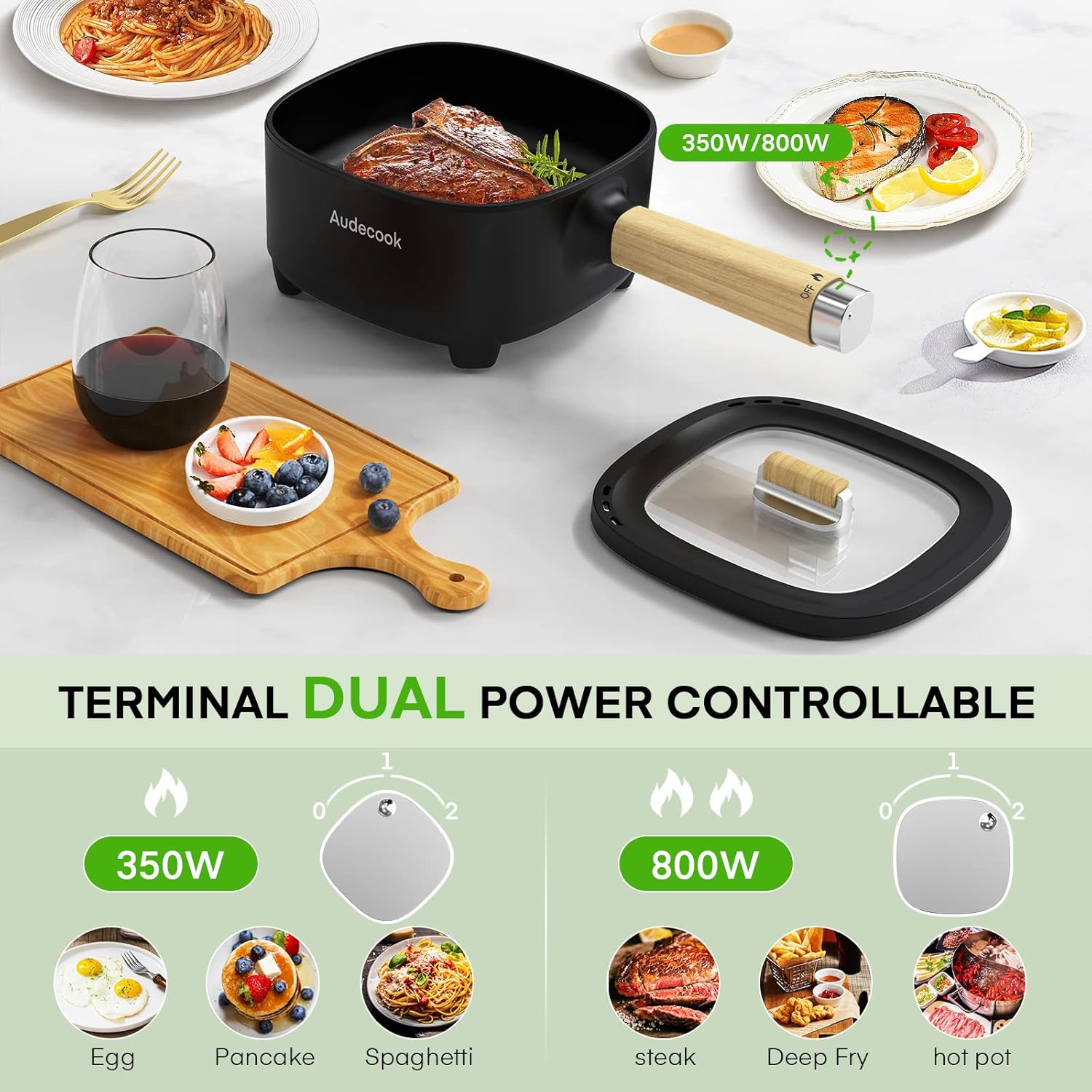 Audecook Elektrischer Hot Pot mit Dampfgarer, 2 l/20 cm, antihaftbeschichtete elektrische Pfanne mit Keramikglasur, tragbarer Multikocher für Ramen, Steak, Ei, Haferflocken, Suppe, 350 W/800 W (schwarz) – Bild 2