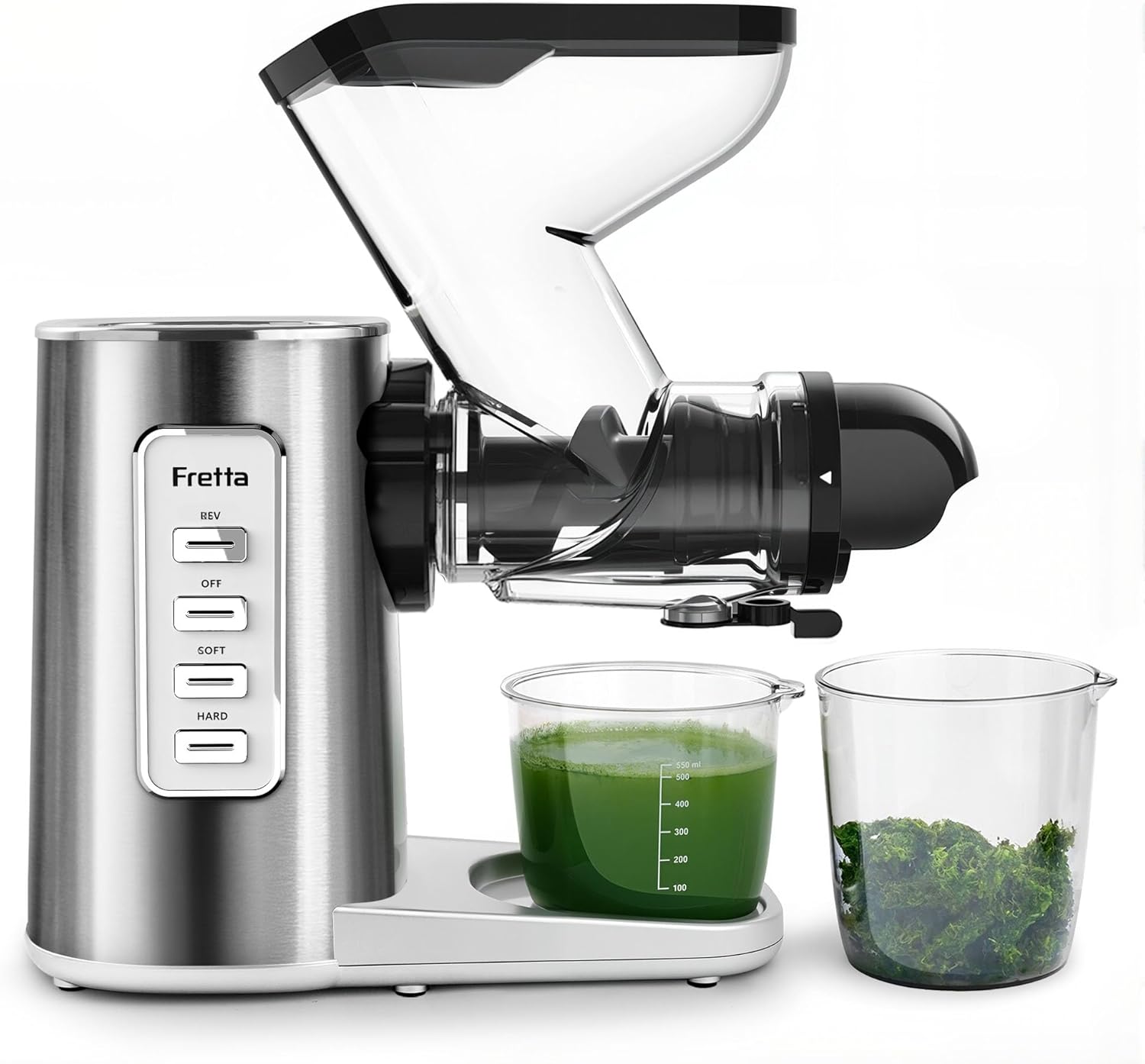 Fretta Slow Juicer Entsafter Gemüse und Obst Gemüse Testsieger 76mm Öffnung Obstpresse Elektrischer Entsafter Äpfel Sellerie Entsafter Maschine Kauende Gemüsepresse BPA-frei (Edelstahl)