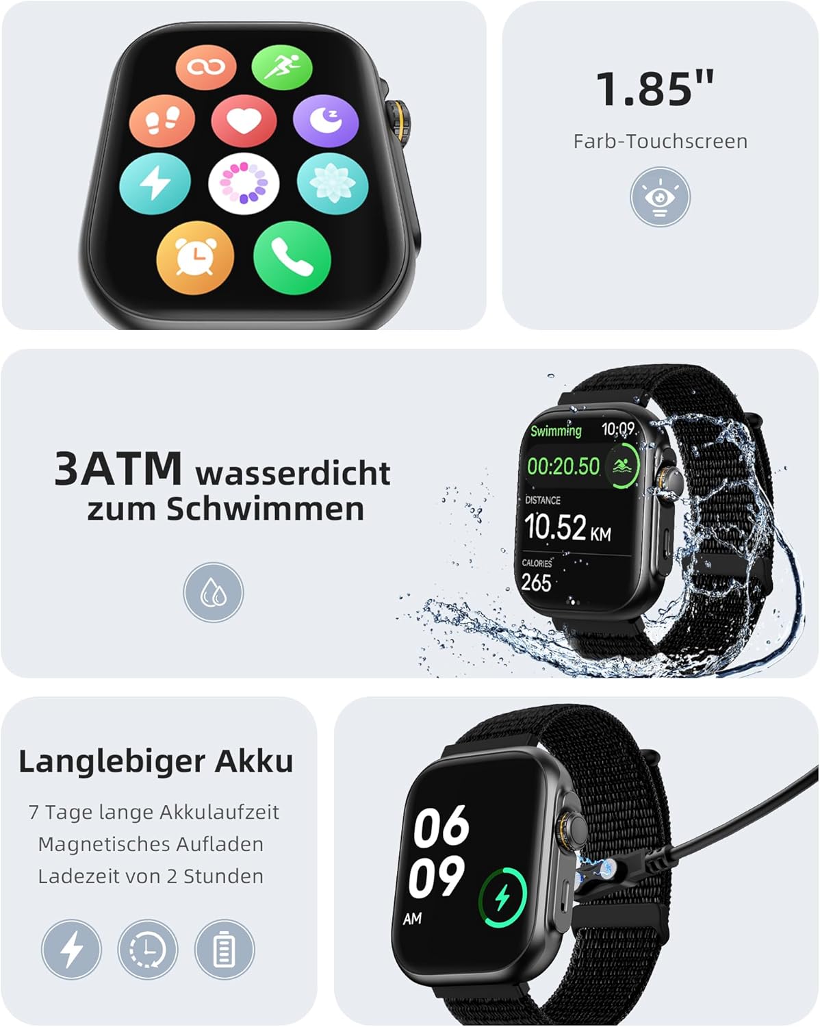 Parsonver Smartwatch Herren Damen mit Telefonfunktion, Fitnessuhr mit GPS, 3 ATM wasserdicht zum Schwimmen, Fitnessuhr mit 100+ Sportmodi, Herzfrequenz, Schlafen, für Android/iOS, Schwarz – Bild 6