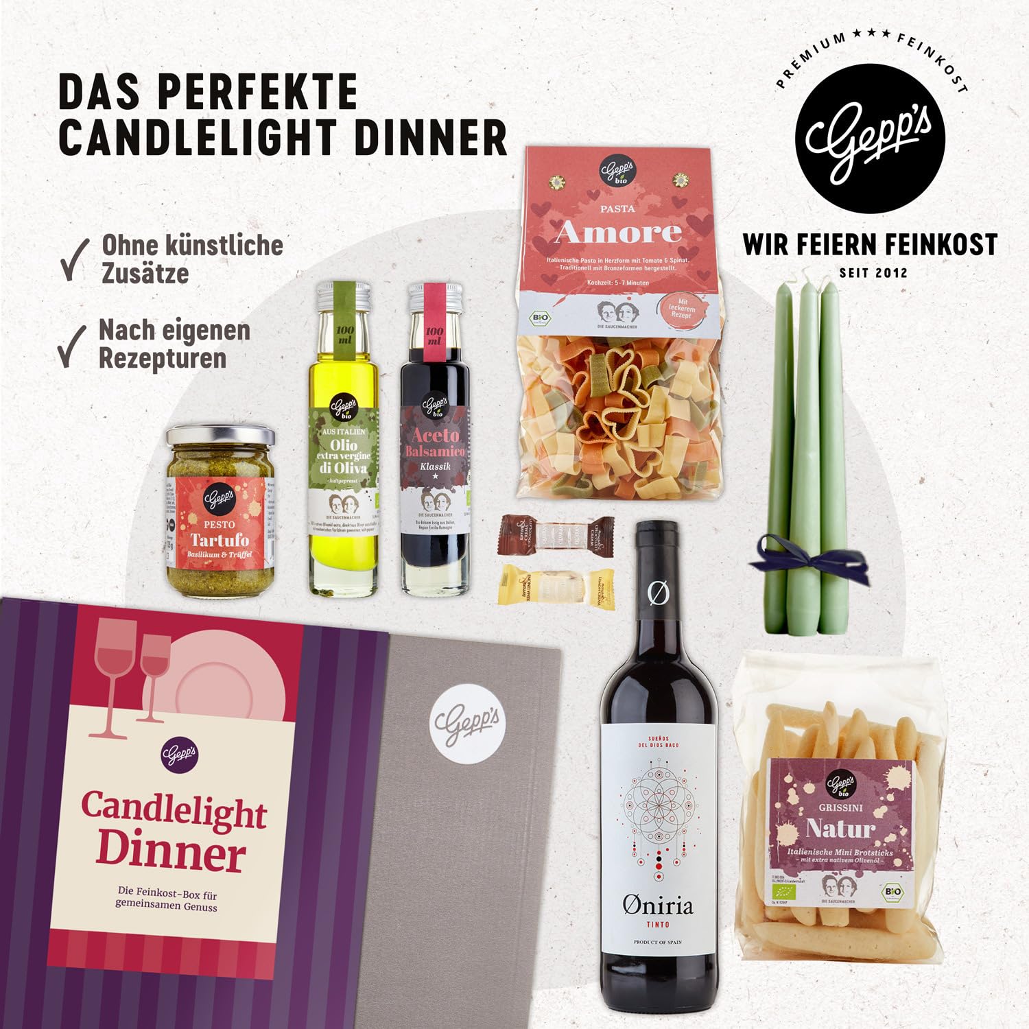 Gepp's Feinkost Candle Light Dinner Box I Romantisches Abendessen für Zwei mit spanischem Rotwein, Pasta in Herzform, Trüffelpesto und mehr I Gourmet-Geschenkset – Bild 2