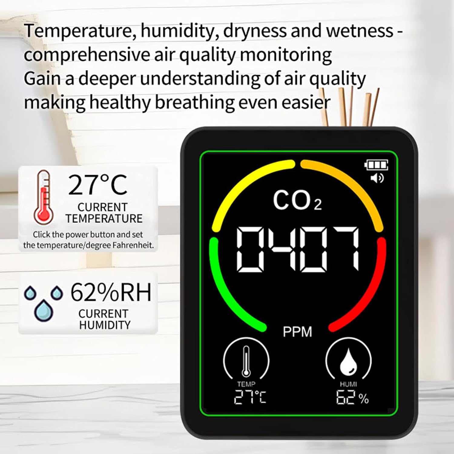 Eujgoov 3-in-1-Luftqualitätsmonitor-Detektormessgerät, CO2-Luftfeuchtigkeitstemperatur in Echtzeit, 2,8-Zoll-Farbbildschirm für das Fitnessstudio im Home Office (Schwarz) – Bild 8