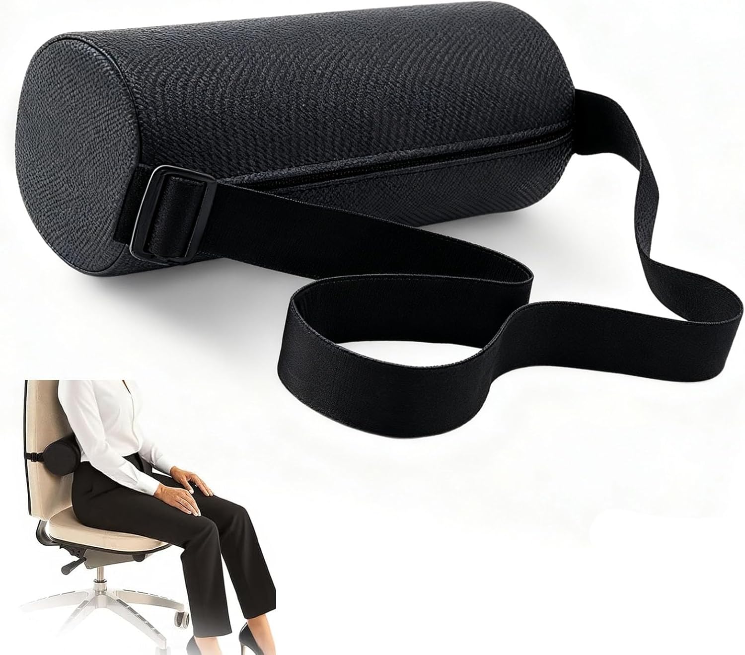 Lendenkissen mit abnehmbarem Gummiband und waschbarem Bezug, schwarzes Nackenrollkissen, Lendenkissen, Memory-Schaum-Rollkissen, ergonomische Nackenrolle, Rückenstützrollen für Autostuhl, Reisen