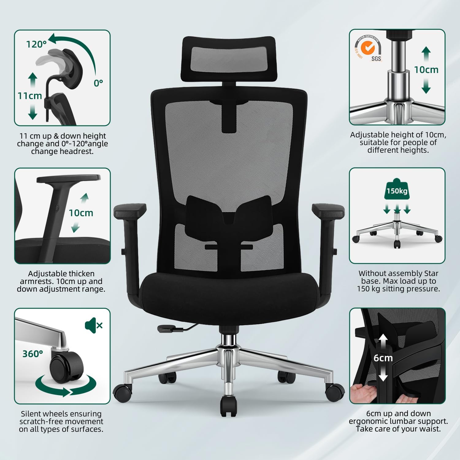 Ergonomischer Bürostuhl mit verstellbarer Lordosenstütze, Armlehnen und Kopfstütze, Drehstuhl, Schreibtischstuhl, Bürostuhl, 150 kg, Chefsessel, Wippfunktion bis 135° – Bild 4