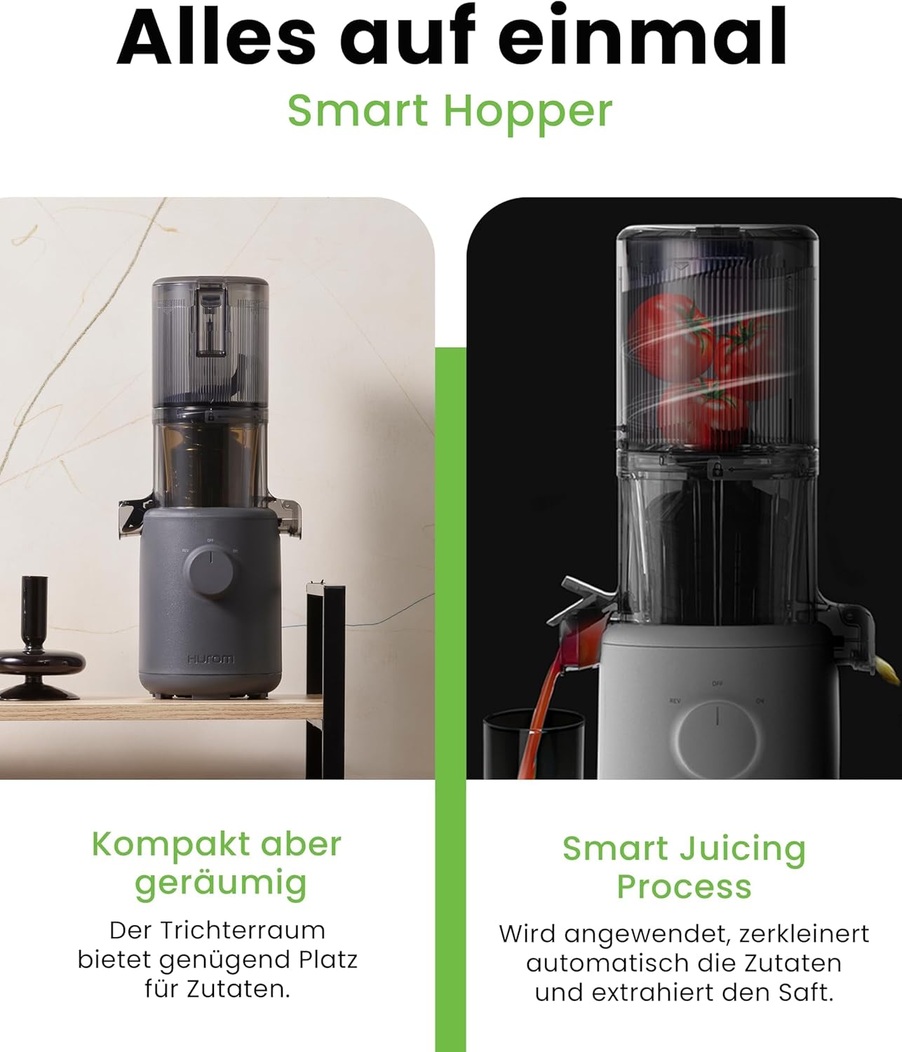 Hurom Slow Juicer | Entsafter für Gemüse und Obst | H310 | Leicht zu reinigender elektrischer Entsafter mit leisem Motor und Siebfilter | 150 Watt | BPA-frei | Schlankes Design | 220 ml, Anthrazit – Bild 2