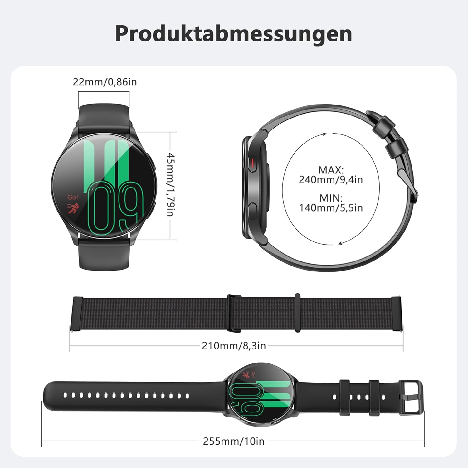 Blackview Smartwatch Herren Damen AMOLED-Bildschirm Virtuelle Always-On-Uhr Aktivieren/Empfangen Sportuhr mit Puls Schlaf SpO2 Schritte Kalorien Kilometer 2 Armbänder (Silikon/Nylon) für Android iOS – Bild 8