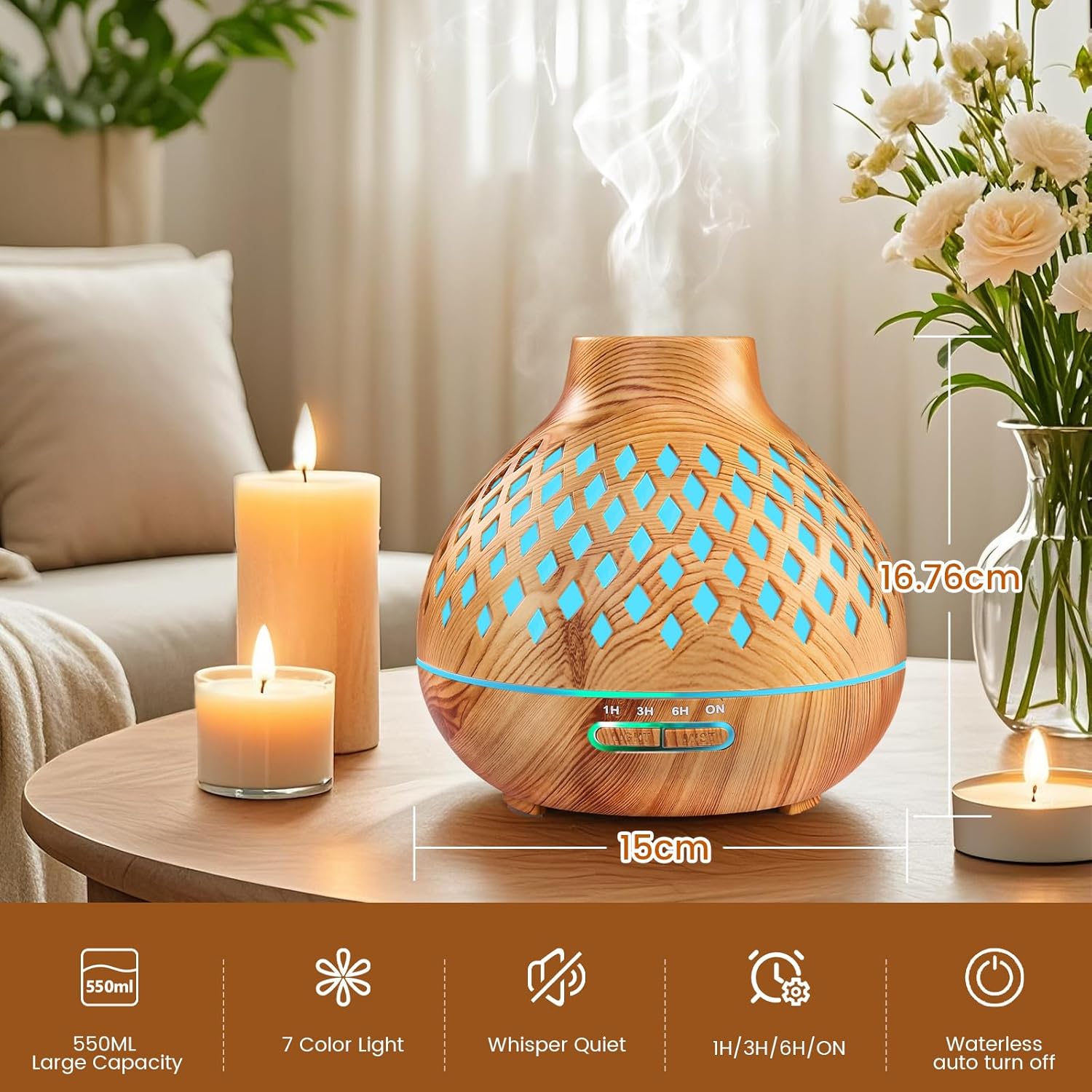 Aeshory 550 ml Aromadiffusor mit 12 x 5 ml ätherischen Ölen, Ultraschall-Aromatherapie-Diffusor mit Fernbedienung, 7 farbige LED-Lichter, 4 Timer, automatisch wasserlos – Bild 2