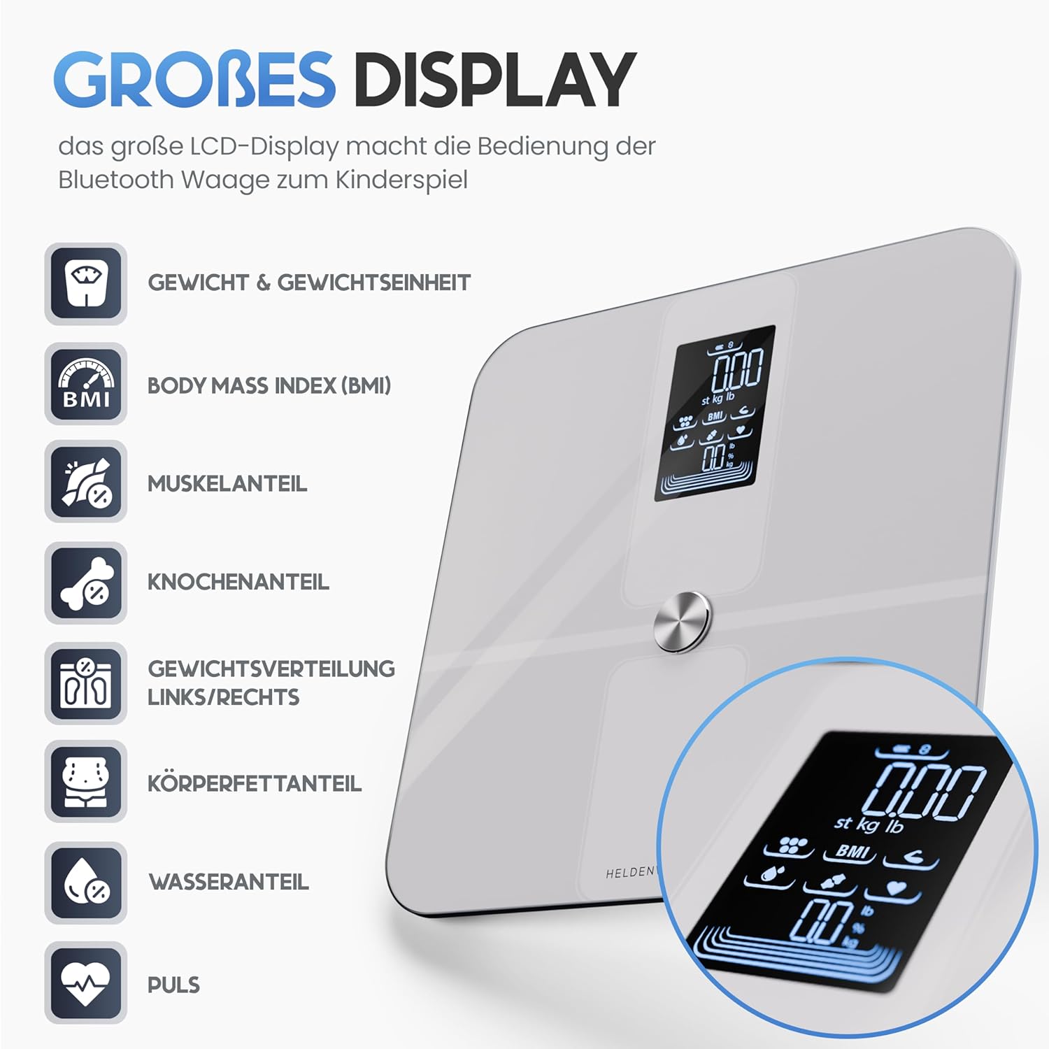 HELDENWERK Personenwaage Körperfettwaage Personen mit App & Vollflächensensor 180 kg / 400 lbs, Digitale Körperwaage, Bluetooth Körperanalysewaage für Körperfett, BMI, Muskelmasse, Protein, BMR – Bild 4