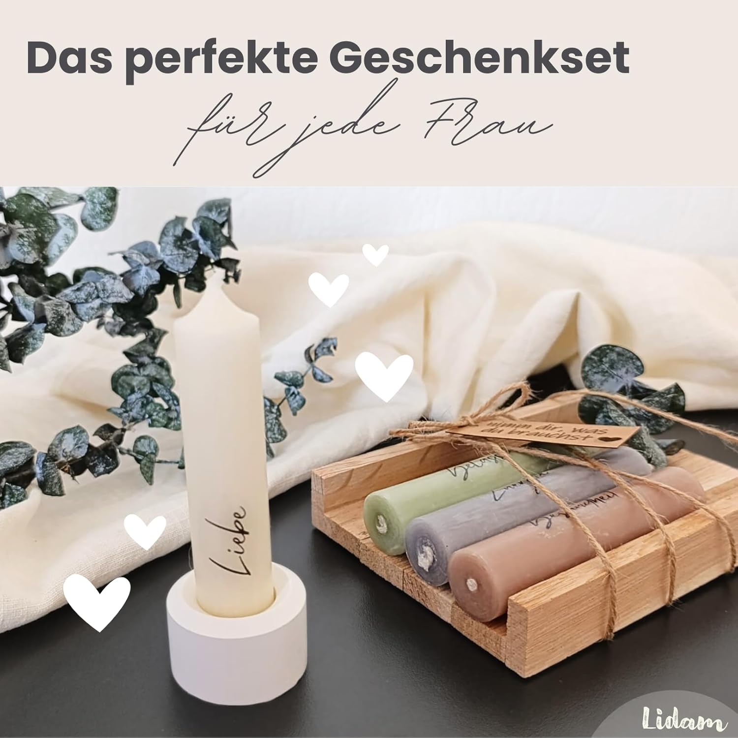 Kerzen-Geschenkset, Geburtstagsgeschenk für Frauen oder Freundin | Nehmen Sie, was Sie brauchen | Kleines Geschenk | Kerzenhalter aus Holz mit Kerzendekoration und Eukalyptus