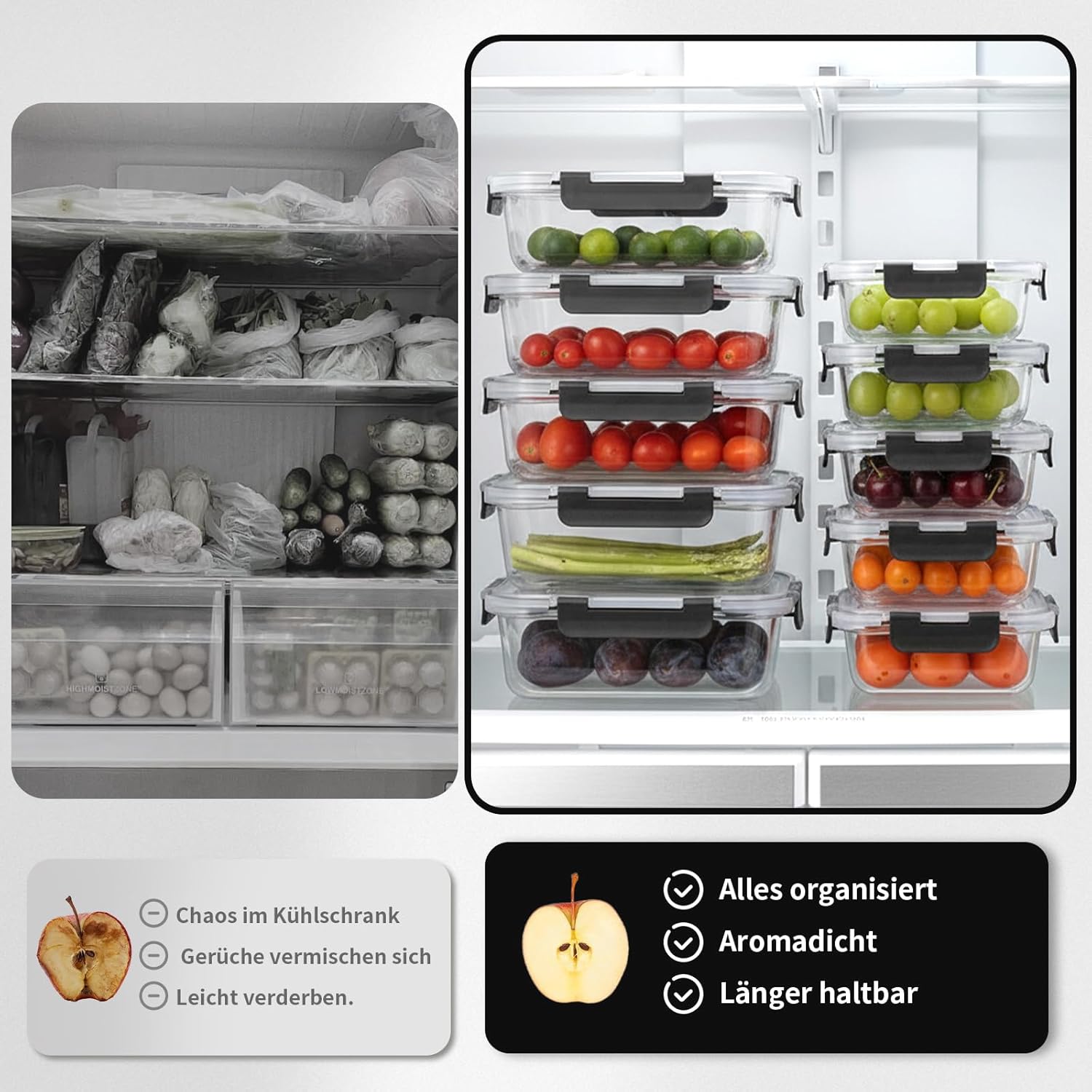 Frischhaltedosen-Set aus Glas, Meal-Prep-Boxen, Glasbehälter mit Deckel, Lebensmittelbehälter, Lunchbox, spülmaschinenfest, mikrowellen- und gefriergeeignet, auslaufsicher (5 x 1050 ml + 5 x 370 ml) – Bild 6