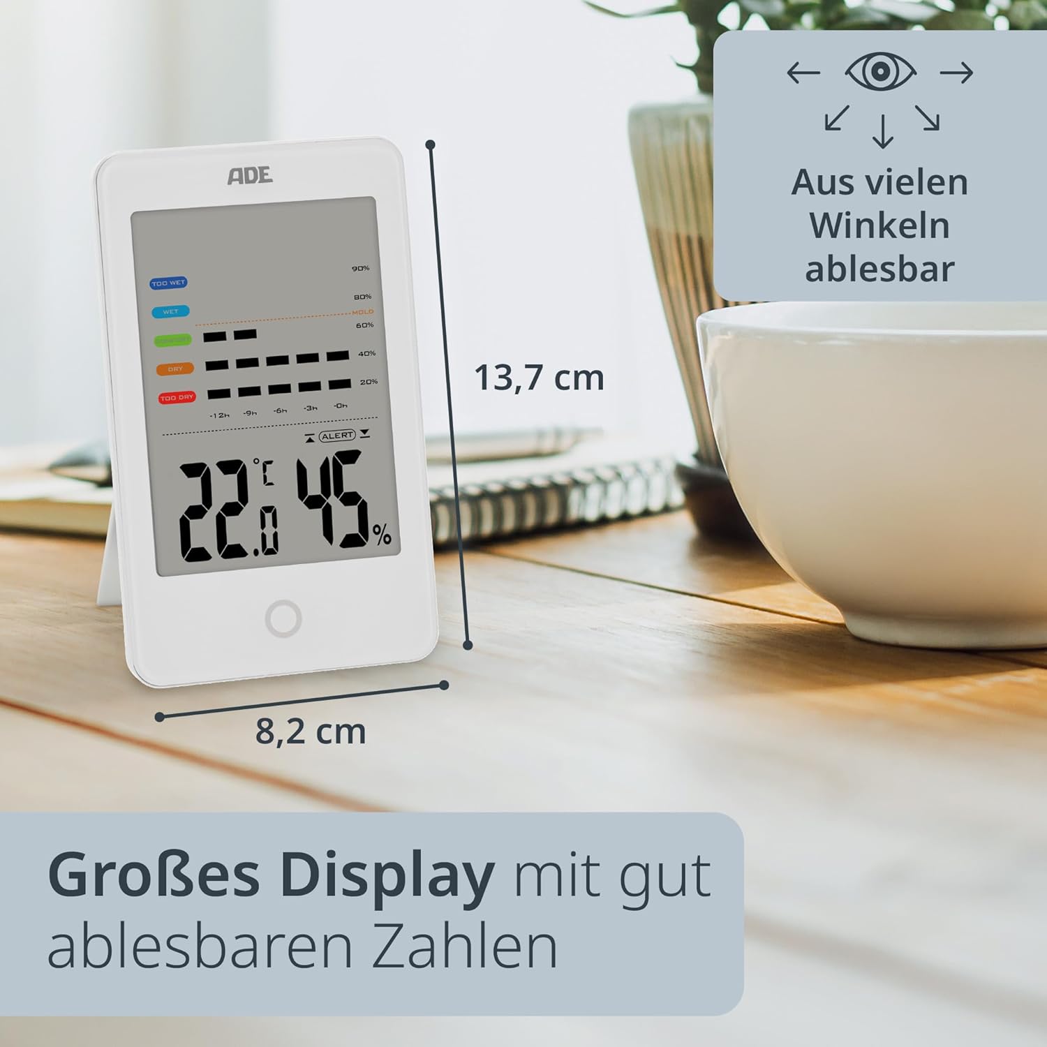 ADE Digitales Hygrometer für den Innenbereich mit Schimmelalarm | Feuchtigkeitsmesser mit Thermometer | Temperatur- und Luftfeuchtigkeitsmesser | Großes LCD-Display | Weiß – Bild 5
