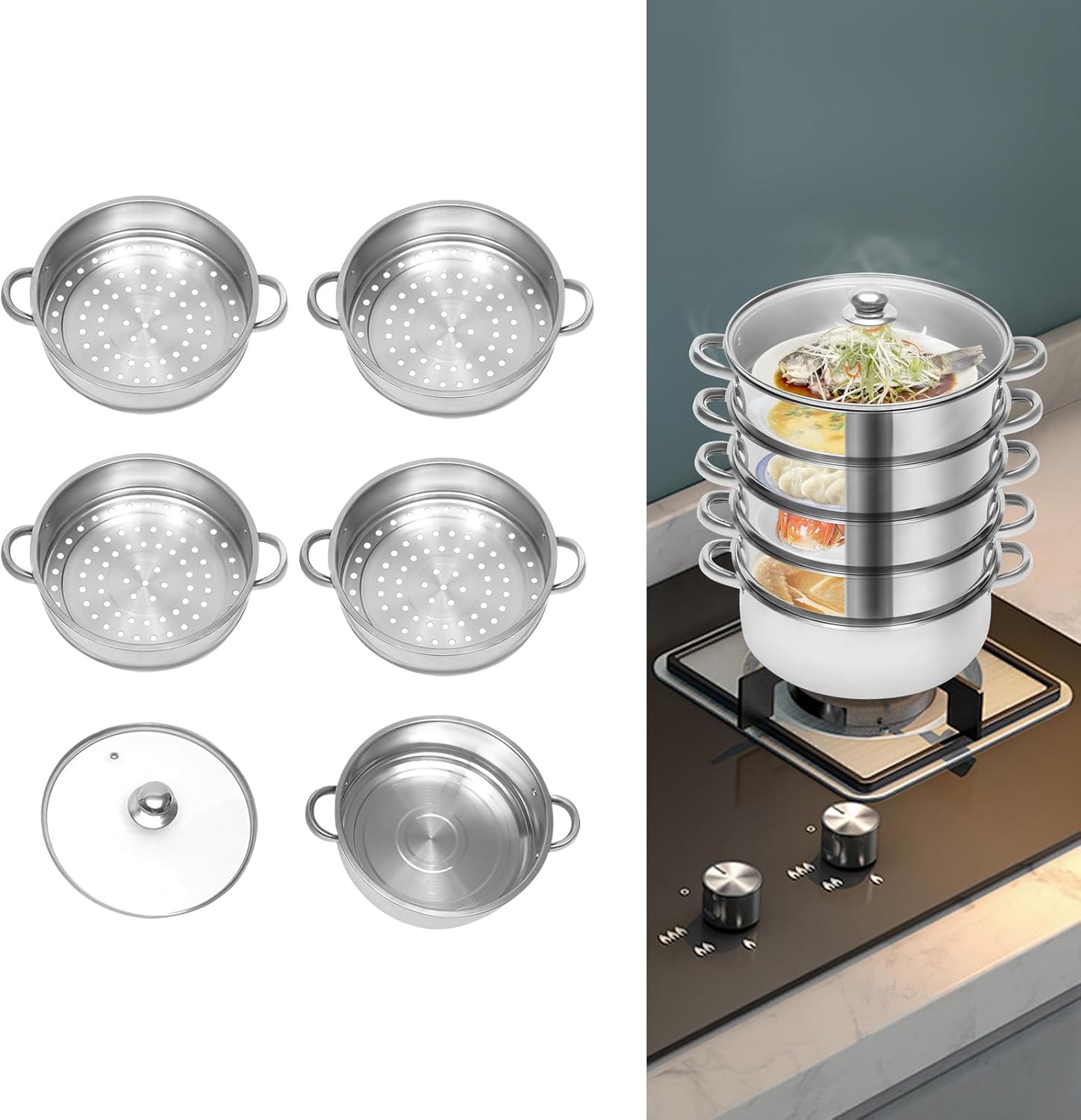 5-stufiger Dampfgarer aus Edelstahl 30 cm | Bio-Dampfgarer mit Glasdeckel | Silberner Dampfgarer für verschiedene Herdarten | Gemüse-/Kartoffeldämpfer | Dampfgarer aus Edelstahl | Spülmaschinenfest (30 cm) – Bild 9