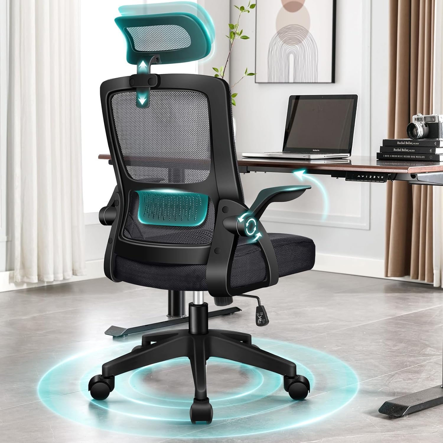ALFORDSON Ergonomischer Büro-Schreibtischstuhl, Computerstuhl mit dynamischer Lordosenstütze, neigbarer Drehstuhl mit hochklappbarer Armlehne, Schwarz