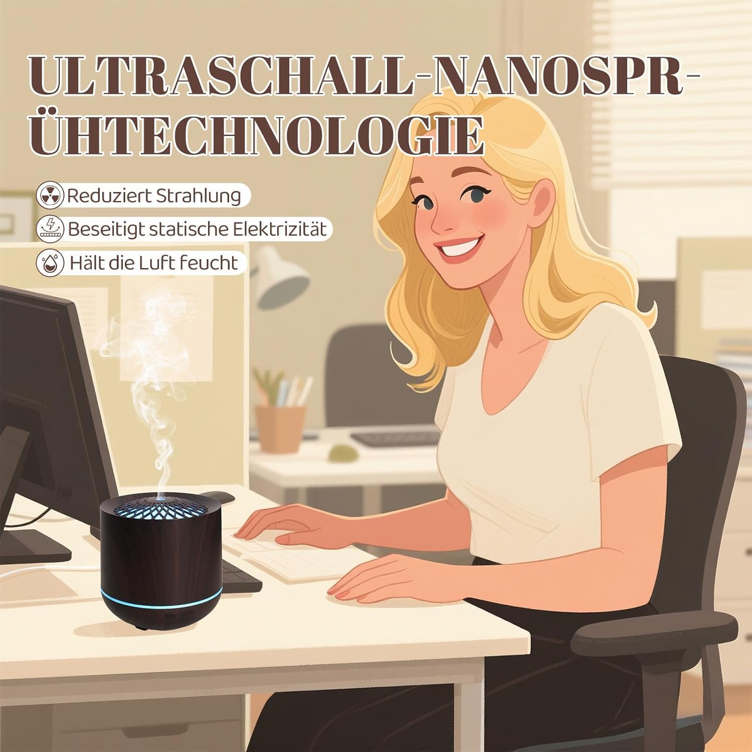 Aromadiffusor für ätherische Öle, 300 ml Ultraschalldiffusor, Luftbefeuchter mit kühlem Nebel, 7-Farben-LED-Licht und automatische Abschaltung – Bild 5