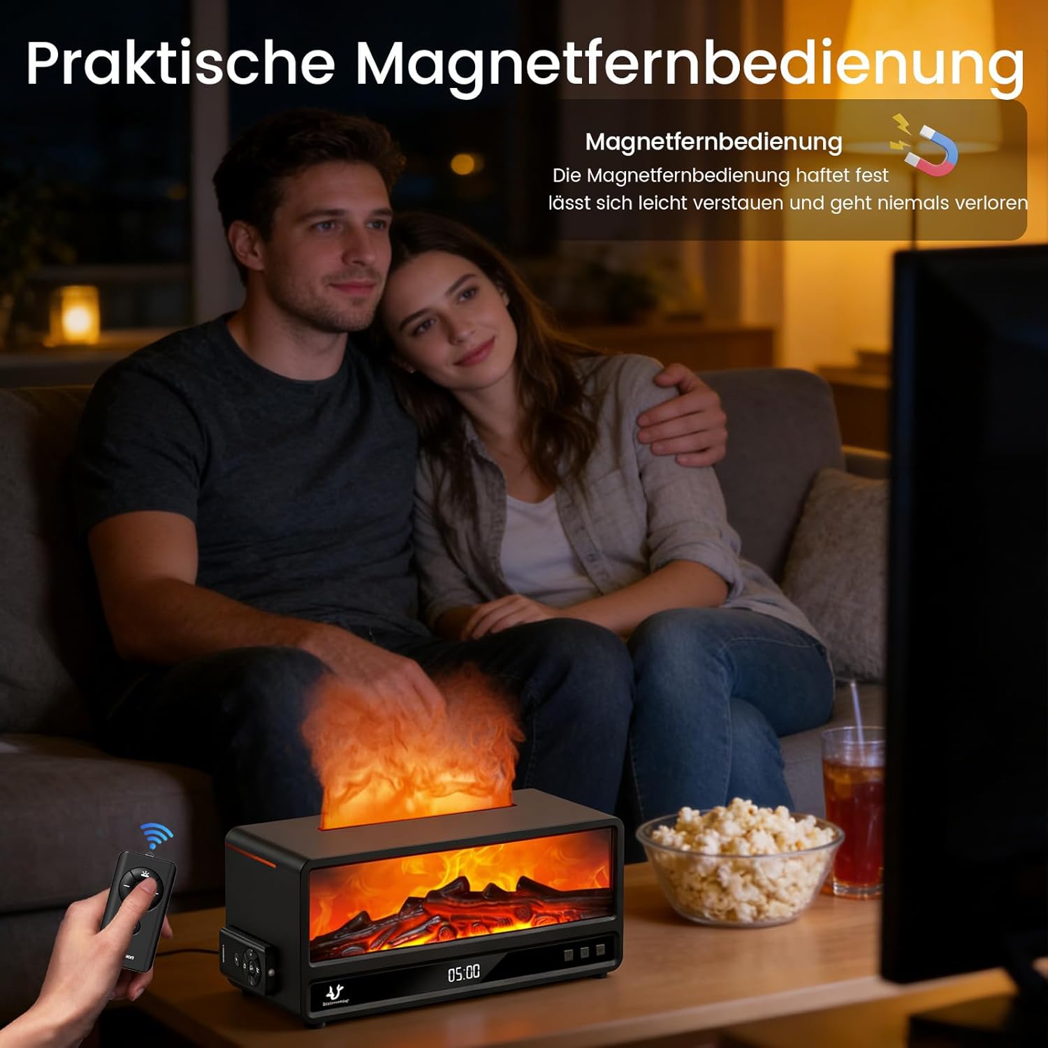 Luftbefeuchter, 250 ml Flammen-Kamin-Aroma-Diffusor, 7 Farben Aromatherapie-Diffusor mit magnetischer Fernbedienung & Timer & automatischer Abschaltung, Ultraschall-Luftbefeuchter für Schlafzimmer (schwarz) – Bild 4