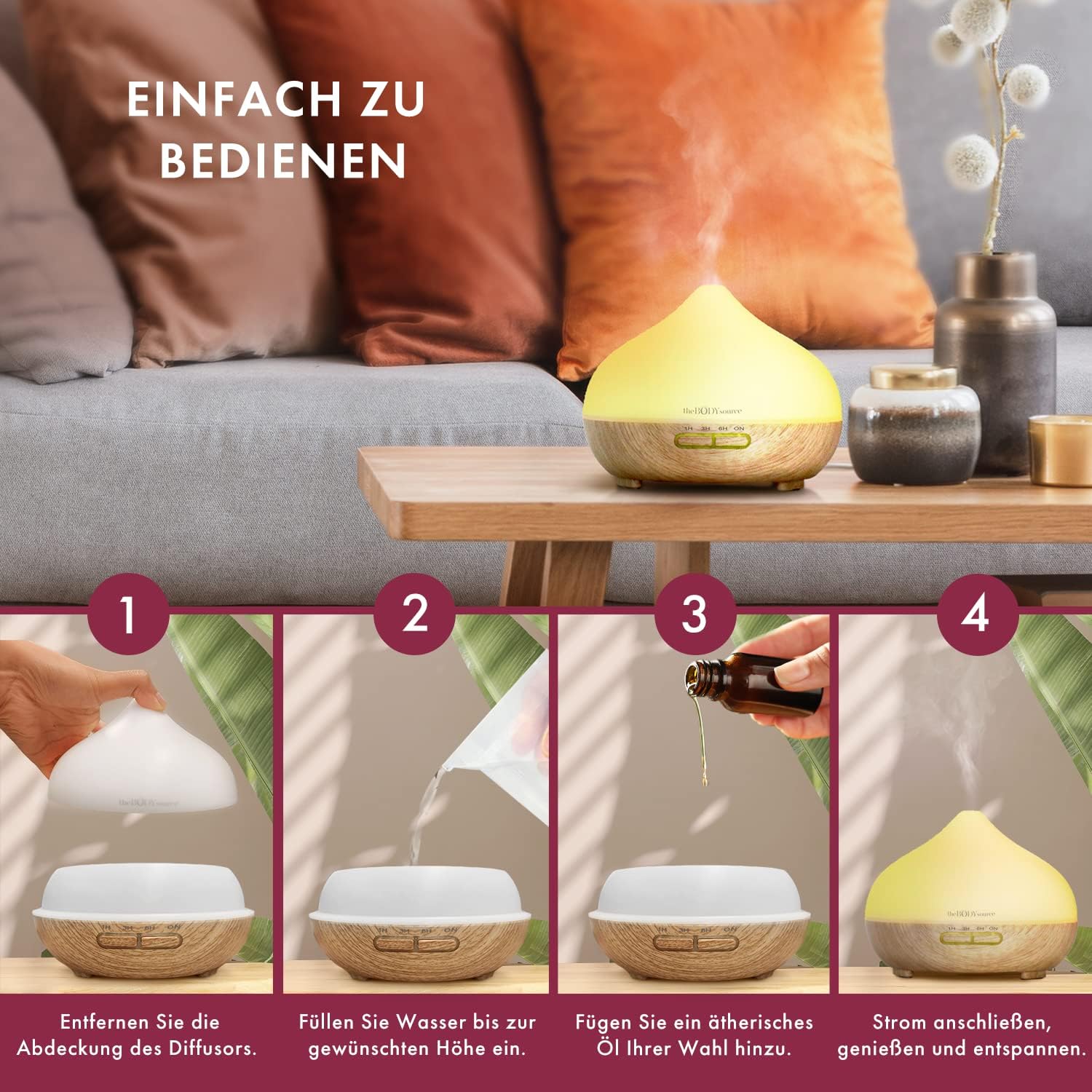 The Body Source 300 ml Ultraschall-Aroma-Diffusor – Luftbefeuchter mit 7-Farben-LED-Licht und Timer – Elektrischer Ölbrenner für ätherische Öle – Aromatherapie für Zuhause, Büro, Spa – Bild 9