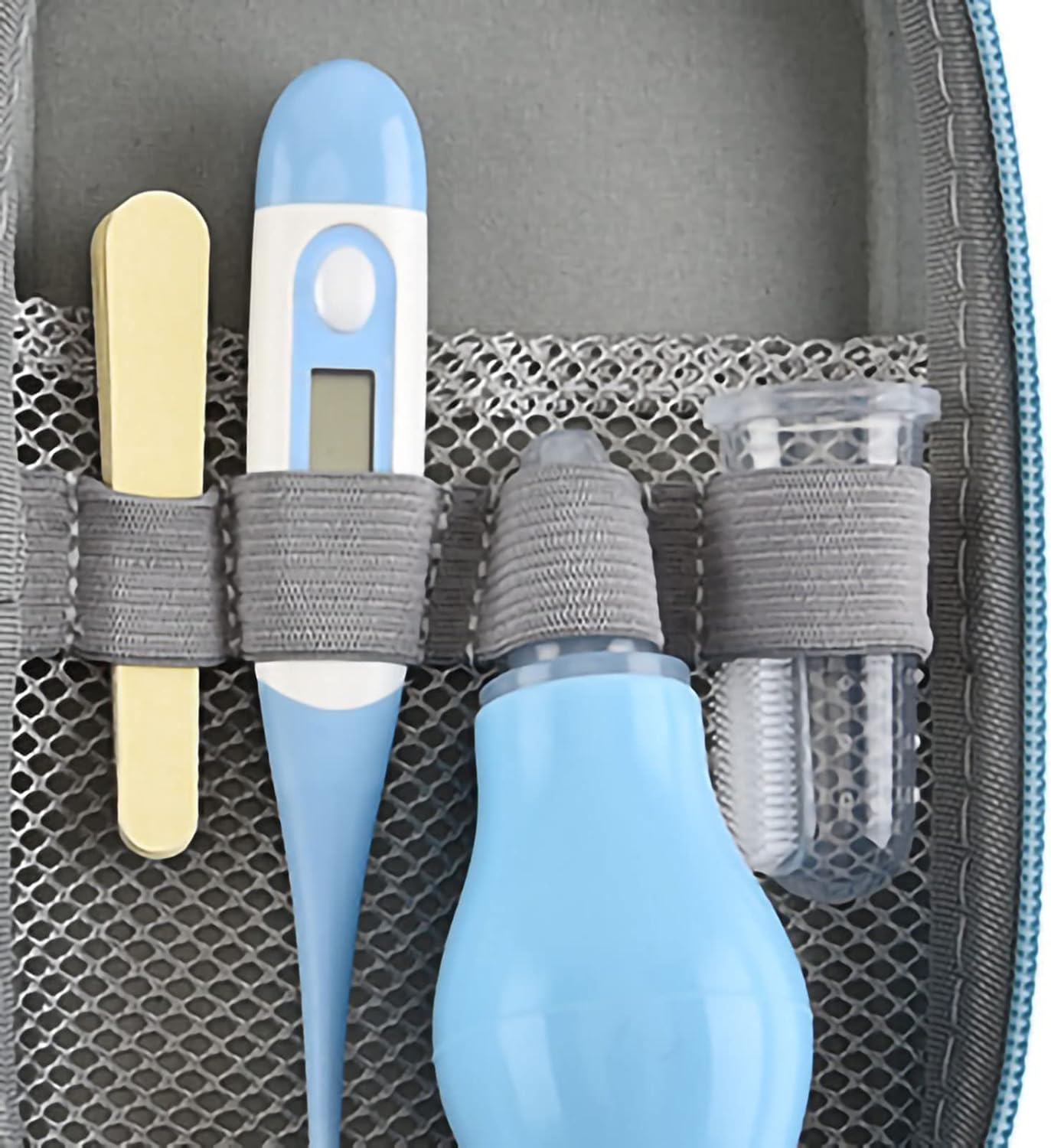 8-in-1 Baby-Pflegeset mit Haarbürste, Nagelknipser, Nasenreiniger, Fingerzahnbürste, Schere für Babypflege, gesund und sauber, Neugeborenenpflege, gesund und sauber, Gelb (Blau) – Bild 2