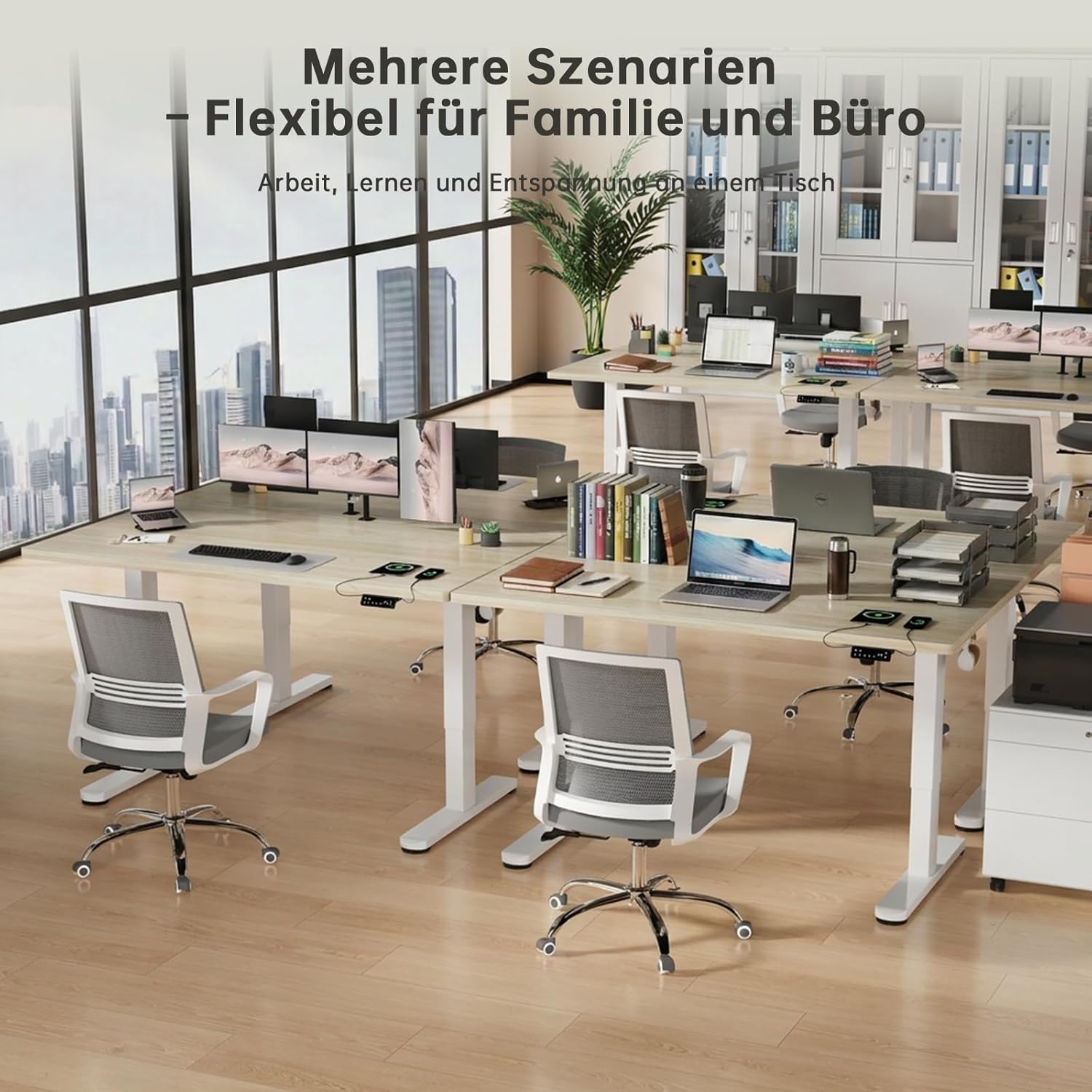 Devoko Höhenverstellbarer Schreibtisch mit 2 Motoren, 25 mm einteilige Tischplatte, 140 x 70 cm, mobiler elektrischer Computertisch mit Kabelmanagement, Eiche, perfekte Ergonomie für Ihr Büro – Bild 8