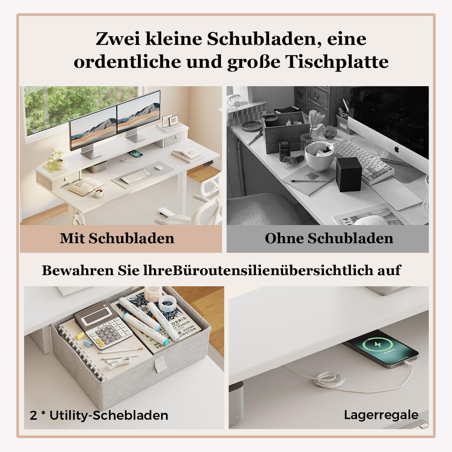 Klicelor Höhenverstellbarer Schreibtisch mit Doppelschubladen, elektrisch höhenverstellbarer Schreibtisch, Sitz-Steh-Computertisch, ergonomischer Stehschreibtisch, 100 x 60 cm, weiß – Bild 5