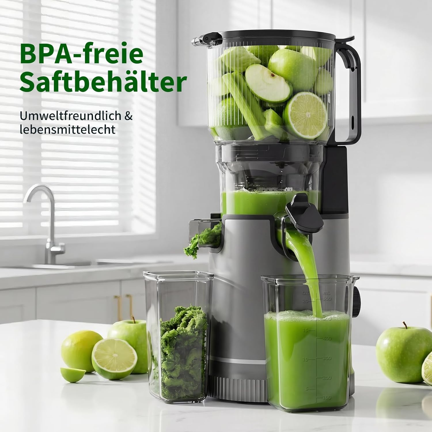 Slow Juicer 400 W, 152 mm extra großer Einfüllschacht für ganze Früchte und Gemüse, hohe Saftausbeute, 3-in-1-Sieb (Saft, Sorbet, Nussmilch), BPA-frei, spülmaschinenfest, 1,8 l – Bild 7