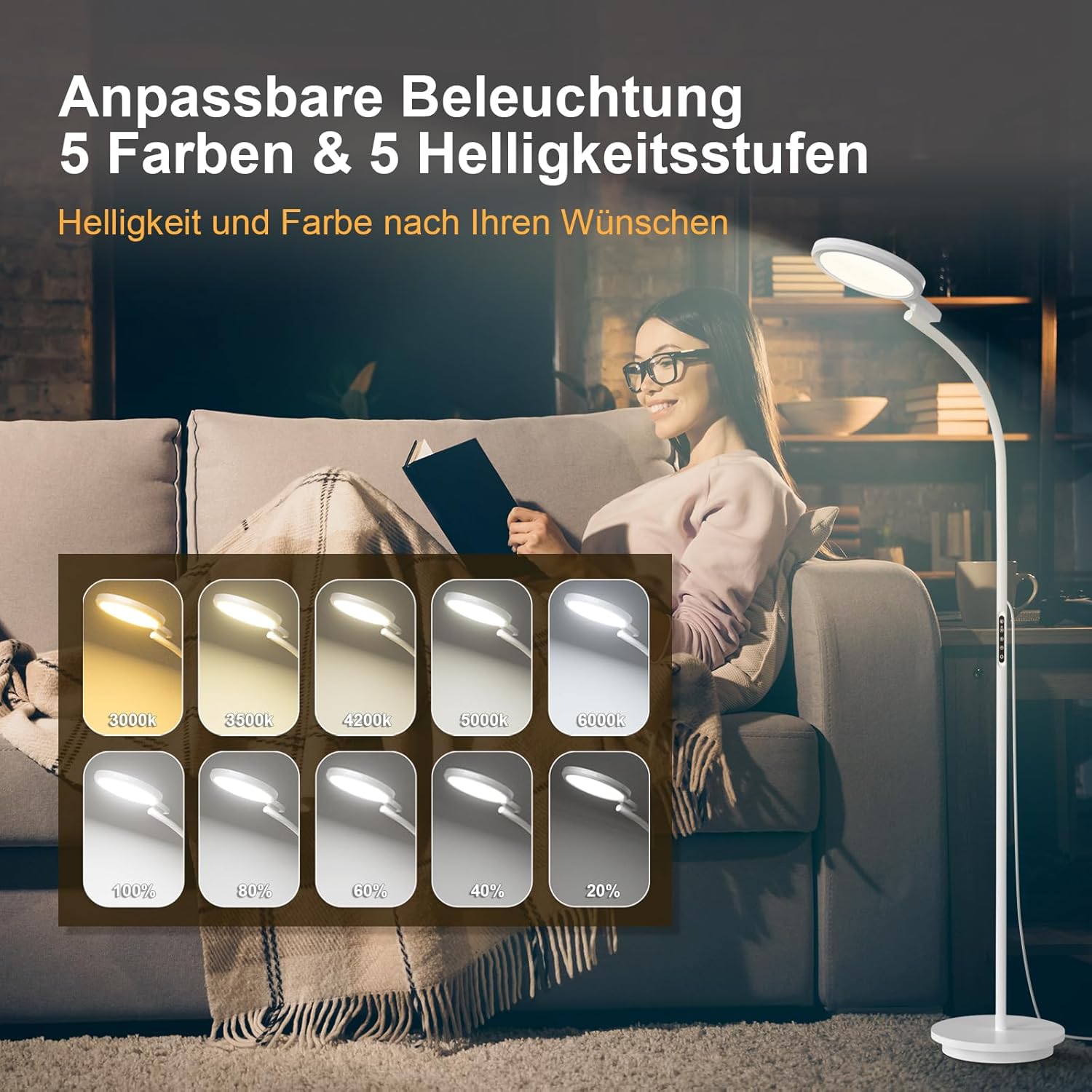 Tageslichtlampe Stehlampe 10000 Lux, 3-in-1 UV-freie Lichttherapielampe mit Touch-Steuerung und Fernbedienung, 5 Farben & 5 Helligkeitsstufen Sonnenlichtlampe für Büro/Zuhause – Bild 3