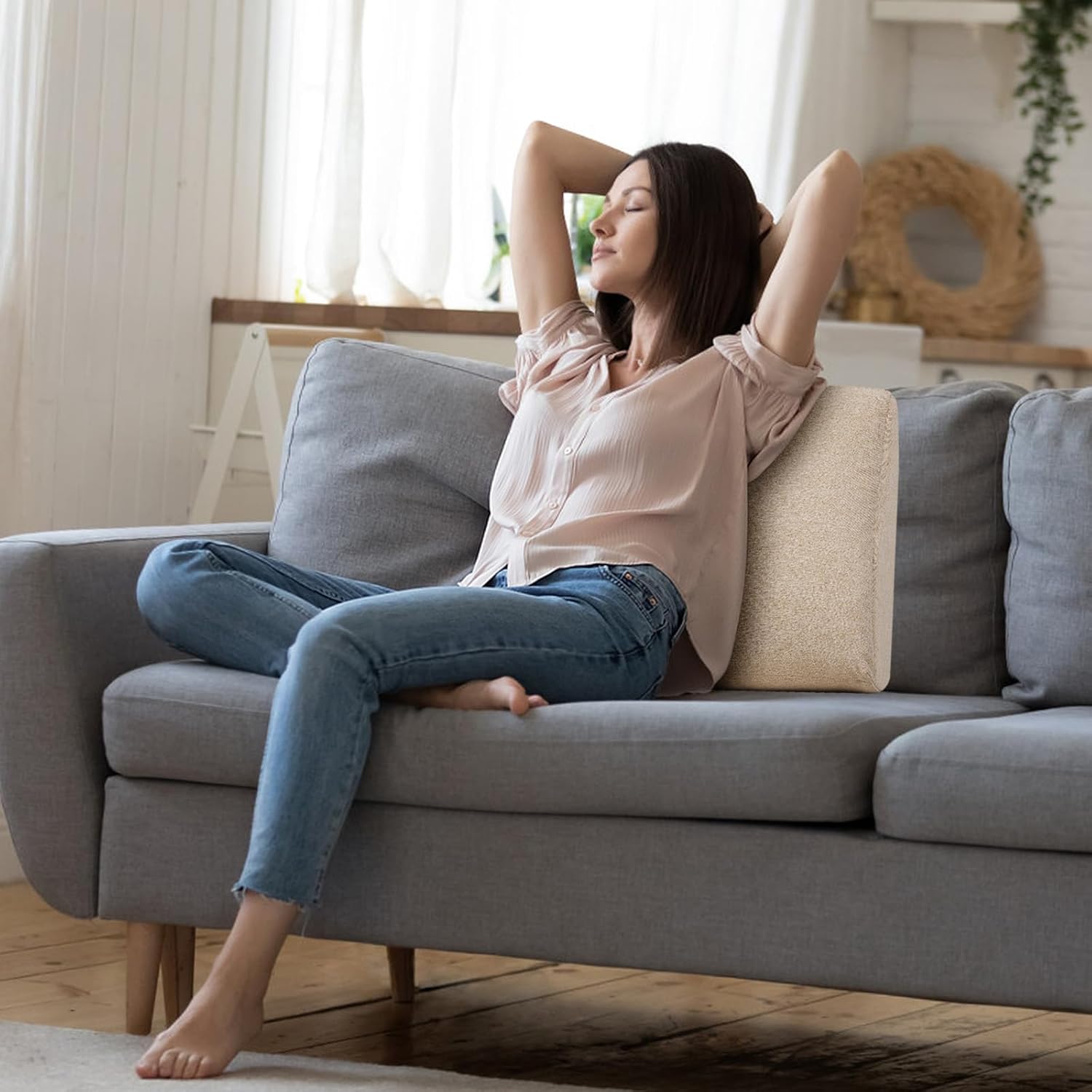 GOFORIT Ergonomisches Rückenkissen für Sessel, doppellagiges Memory-Schaum-Lendenkissen, weich und stützend, Lendenkissen für ältere Menschen, Linderung von Rückenschmerzen, waschbar, für Bett, Sofa, Beige – Bild 2