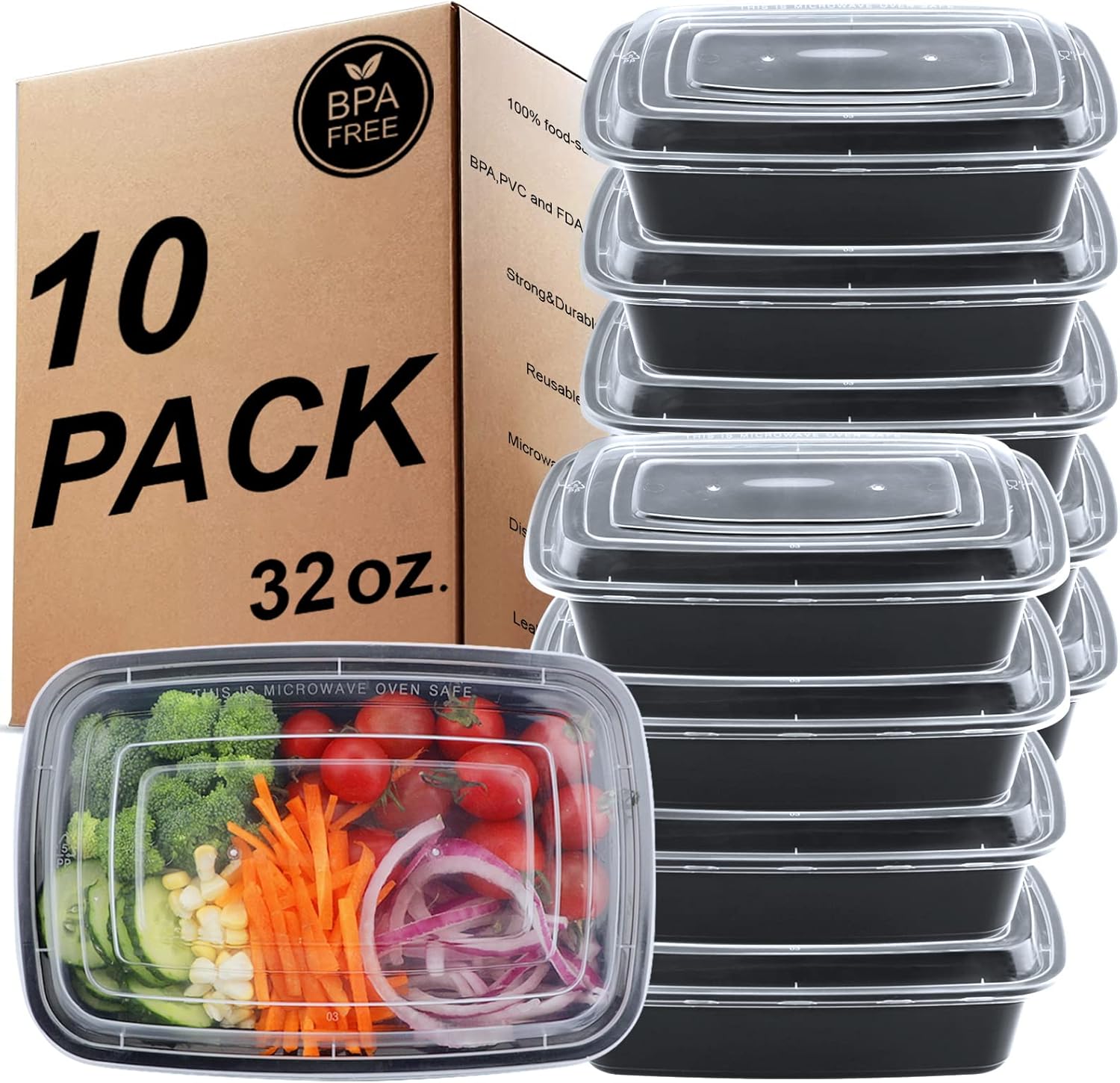 Behälter für die Zubereitung von Mahlzeiten mit 1 Fach, Lebensmittelaufbewahrung mit luftdichtem Deckel, BPA-freie wiederverwendbare Bento-Lunchboxen, gefrierschrank-, mikrowellen- und spülmaschinenfest – 10 Stück, 32 oz