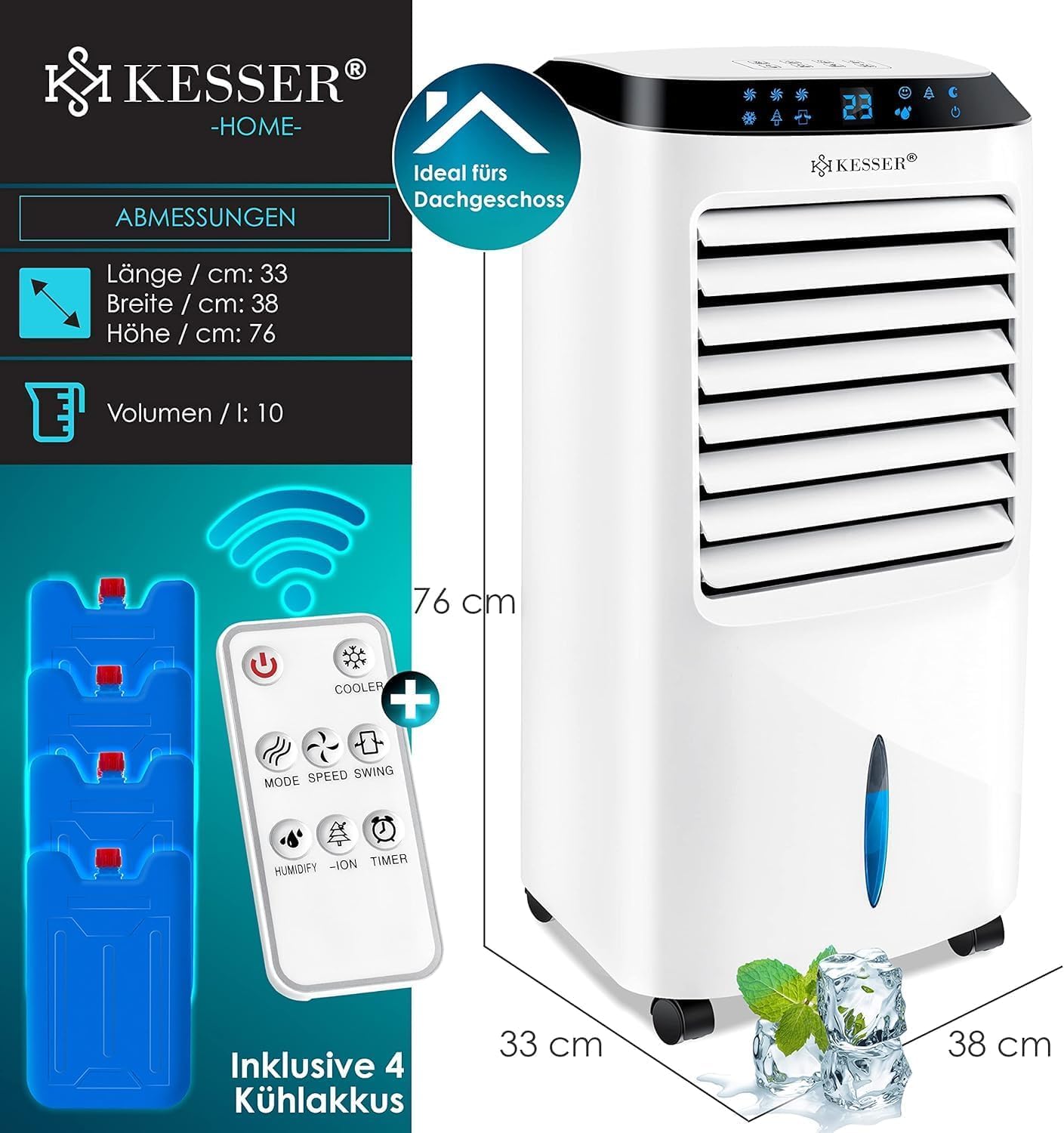 KESSER® Mobile Klimaanlage 4in1 Luftkühler – Air Cooler mit Fernbedienung & Timer, 10L Wassertank, Ionisator & Luftbefeuchter, Ventilator Klimagerät ohne Abluftschlauch, 3 Stufen inkl. Kühlakkus – Bild 8