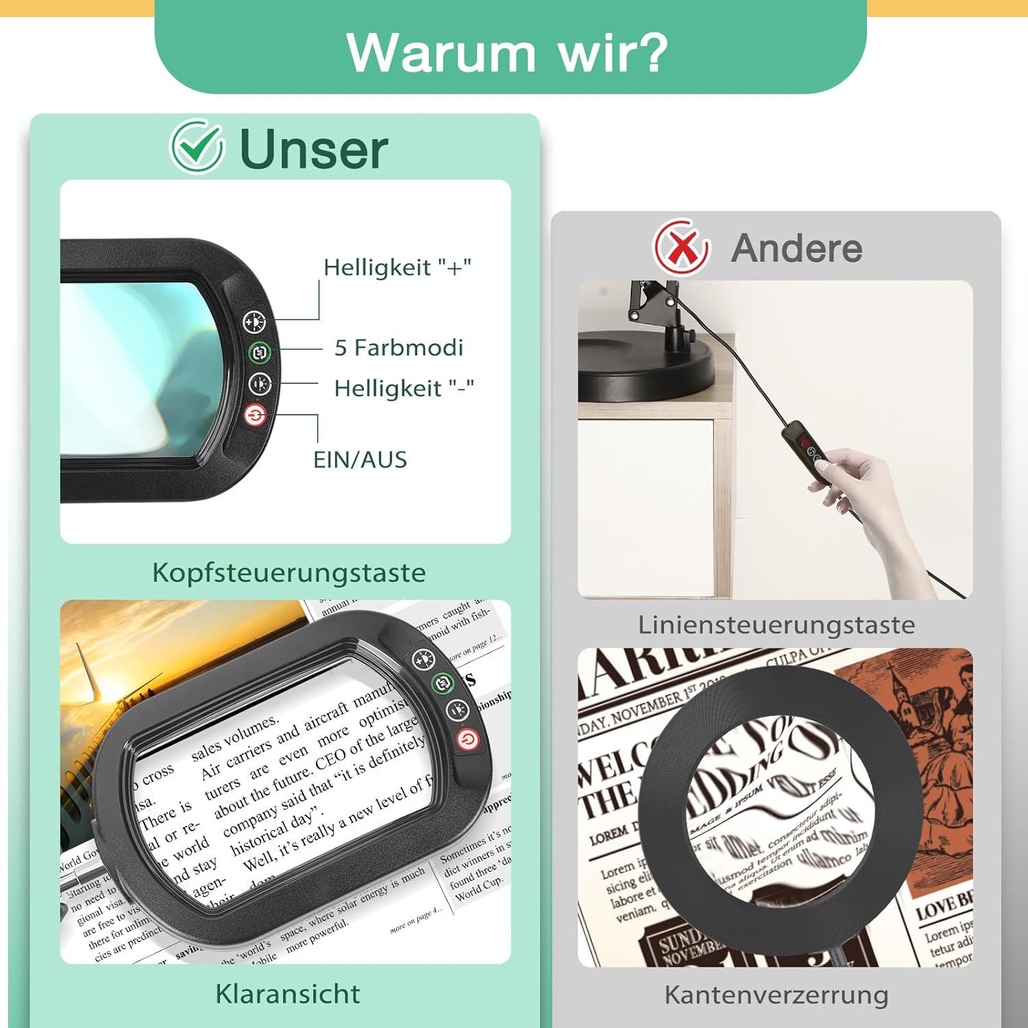 Drdefi 10-fache Lupe mit Licht und Klemme, Echtglas-Ständer-Beleuchtungslupe, 5 Farbmodi und stufenlose Dimmbarkeit, LED-Schreibtischlampe, freihändig für Basteln, Hobbys, Lesen, Malen, Nähen und Naharbeiten – Bild 5
