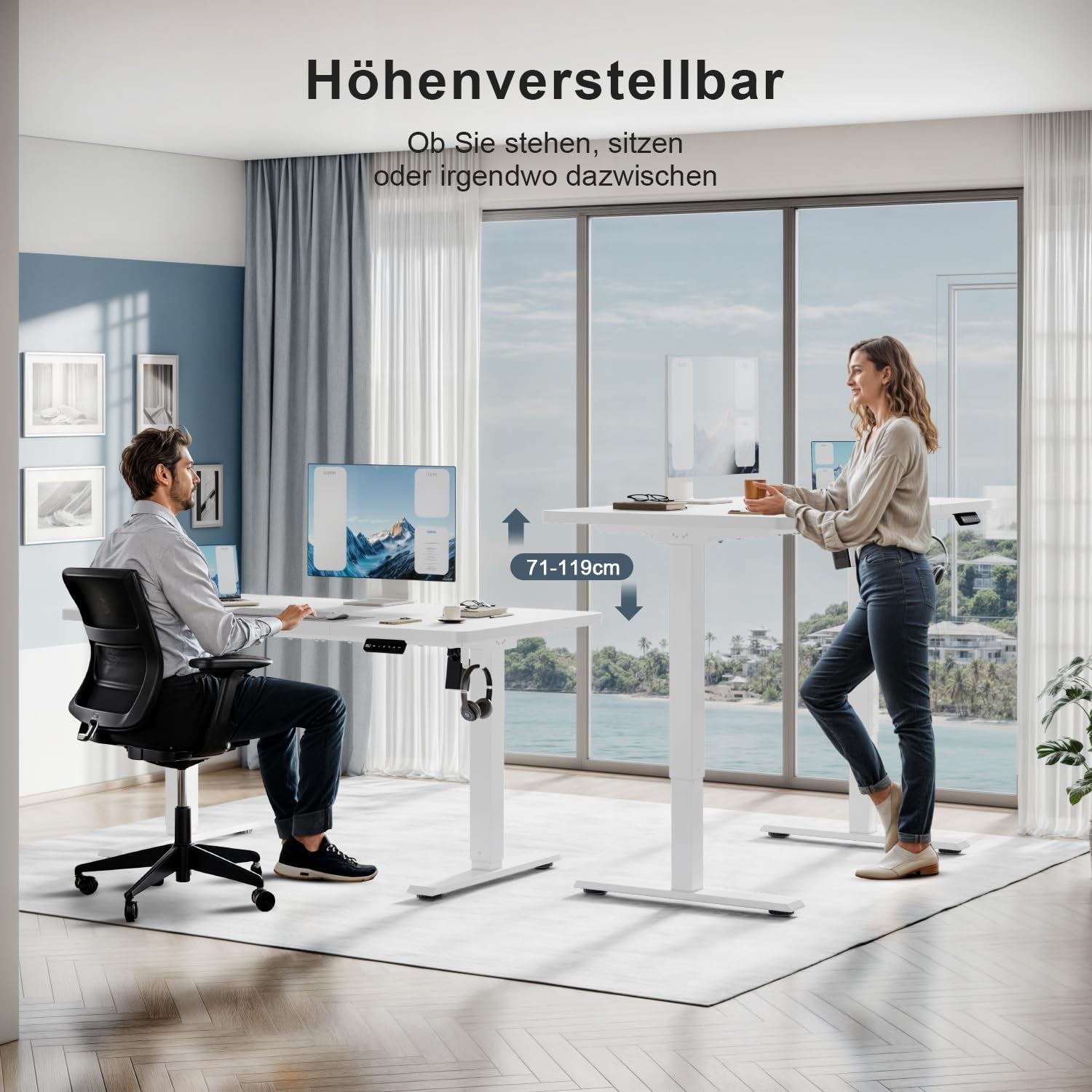TRIUMPHKEY Elektrischer Stehschreibtisch, 130 x 60 cm, höhenverstellbarer Schreibtisch mit Memory, Smart Panel, Sitz-Steh-Schreibtisch mit Rucksackhaken, Steh-Studiertisch, Arbeitstisch für das Heimbüro (weiß) – Bild 2
