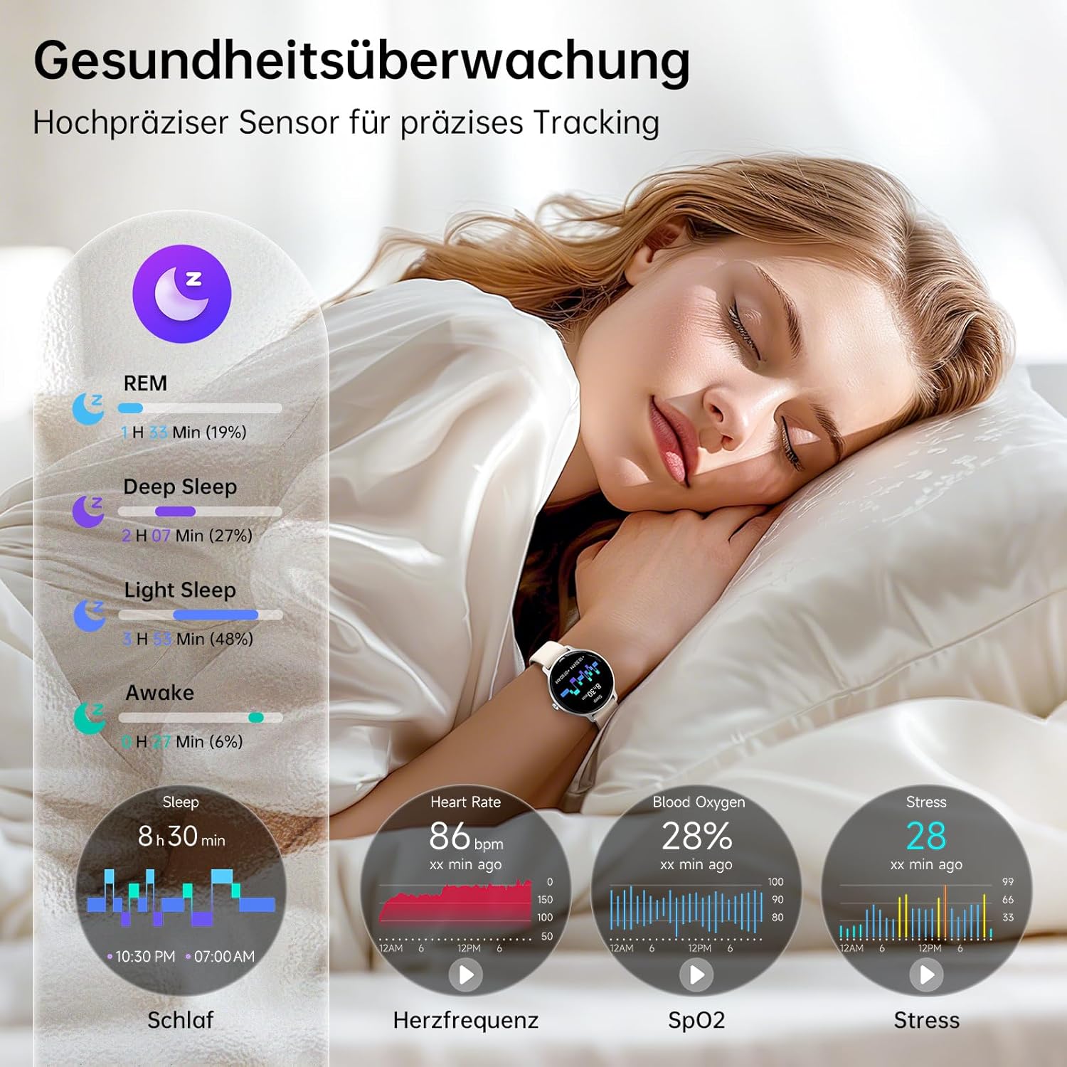 Smartwatch Damen Herren rund 1,27 Zoll AMOLED Smartwatch mit Telefonfunktion, Fitnessuhr mit Herzfrequenzmesser SpO2 Schlafmonitor Schrittzähler 120+ Sportmodi Sportuhr IP68 Wasserdicht für iOS Android Beige – Bild 3