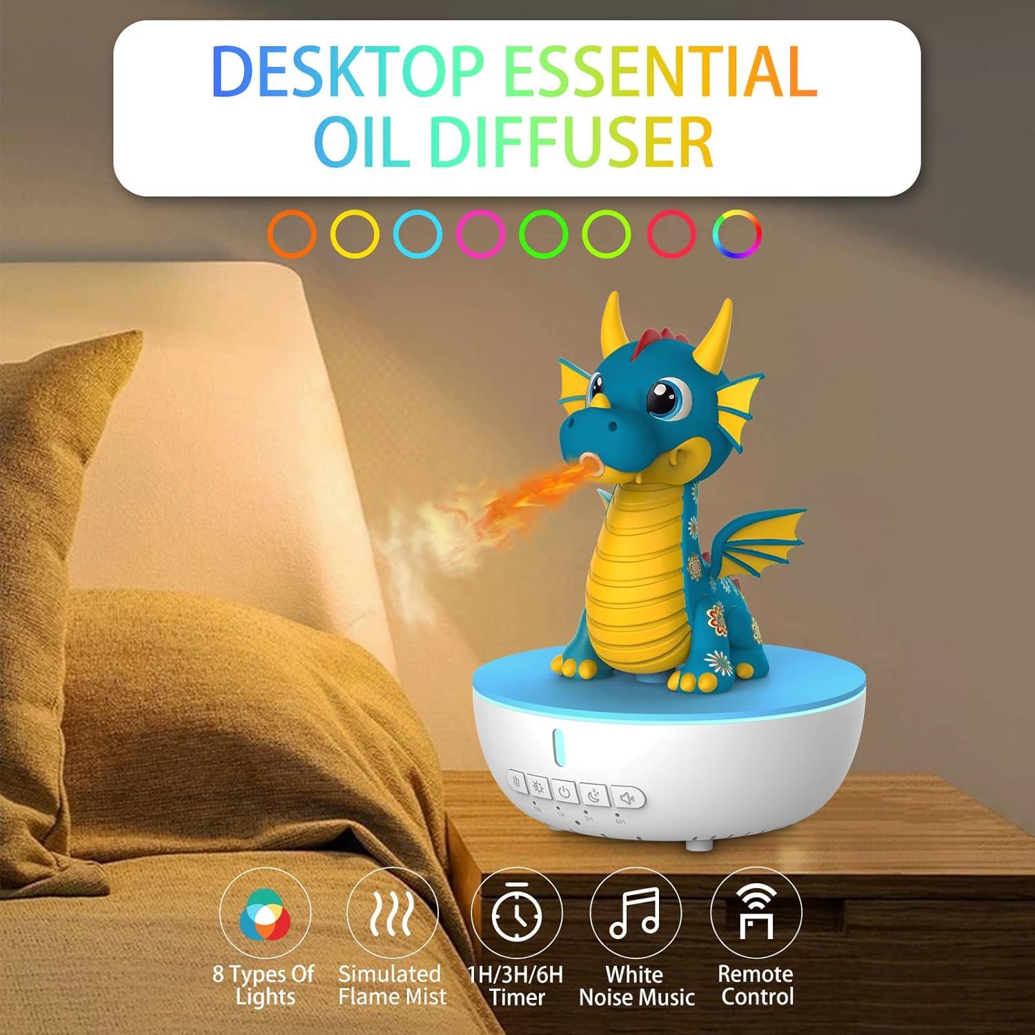OHAANYY Aromatherapie-Diffusor, kleiner Aromadiffusor für Zuhause, Büro und Schlafzimmer, Drachen-Design mit Fernbedienung, 10 weiße Geräusche, 1/3/6 Stunden Timer, 8 Farben LED-Beleuchtung – Bild 2