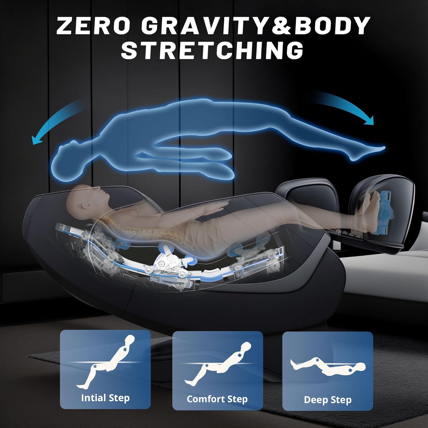 HealthRelife Massagesessel für den ganzen Körper, intelligenter Massagesessel, Zero Gravity, 3D-Roboterhände mit SL-Schiene, Entspannungssessel, Bluetooth-Lautsprecher, Schwarz – Bild 4