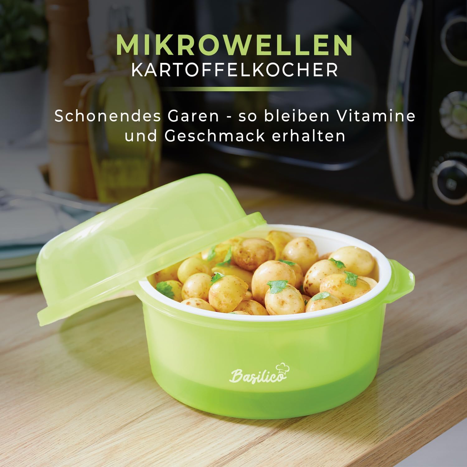 Basilico Mikrowellen-Kartoffelkocher, Dampfgarer für Kartoffeln und anderes Gemüse, energiesparende und schnelle Zubereitung, spülmaschinenfest, Durchmesser 23 cm – Bild 2