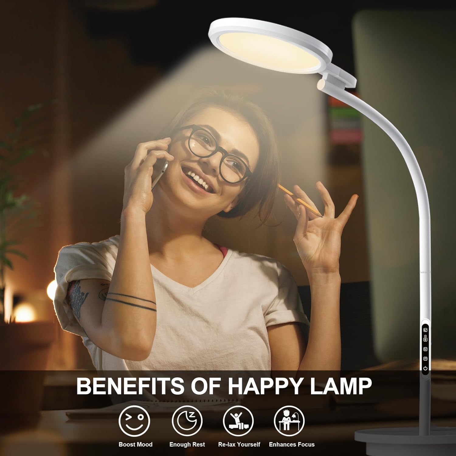Tageslichtlampe Stehleuchte 10.000 Lux, UV-freie Sonnenlichtlampe mit Touchpanel & Fernbedienung, 5 Farbtemperaturen, 5 Helligkeitsstufen, höhenverstellbar mit flexiblem Schwanenhals – Bild 6