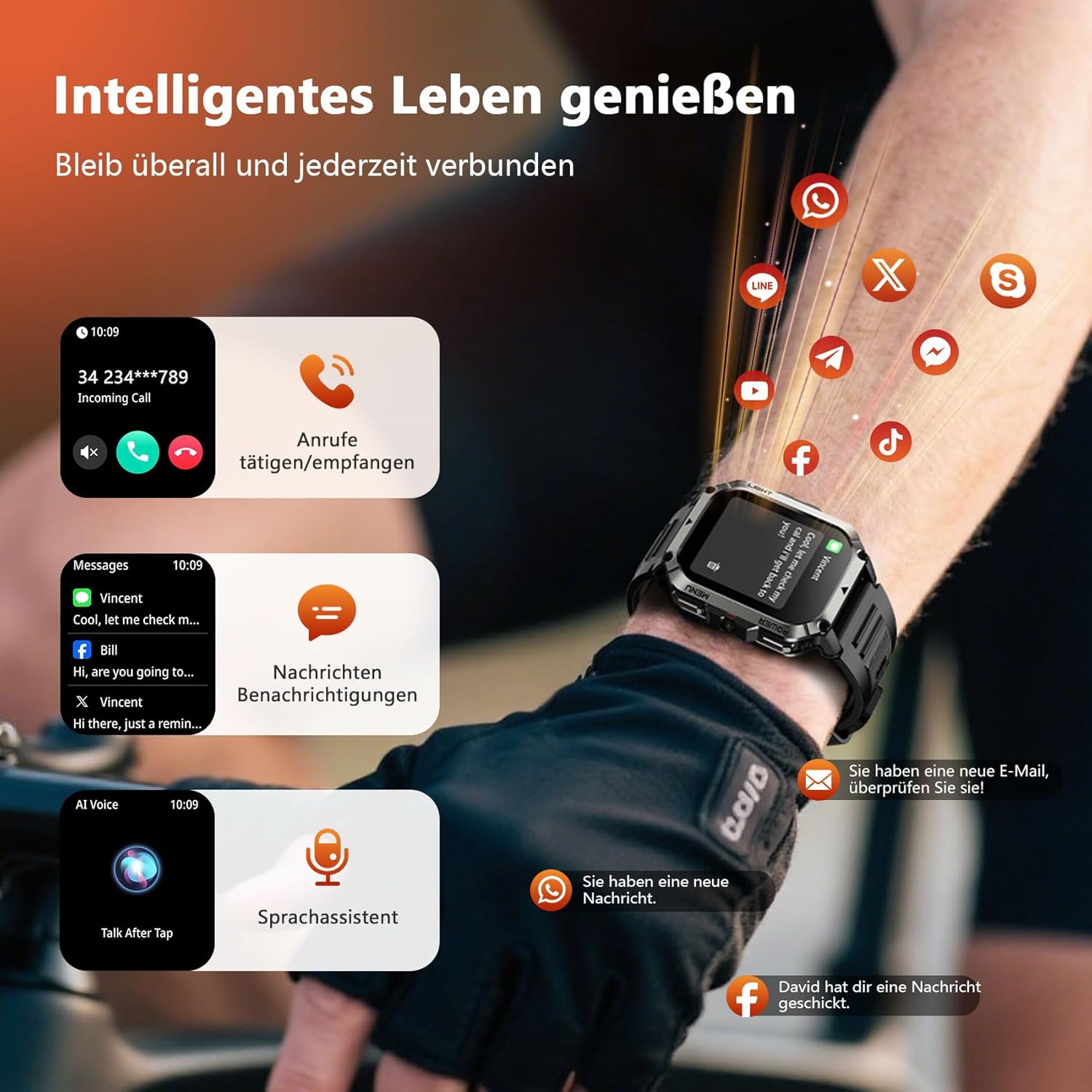 Blackview 900 mAh Herren-Smartwatch, Bluetooth-Anrufe/Kompass/LED-Beleuchtung/2 Armbänder (Silikon/Nylon), Sportuhr mit Puls-Schlaf-Schritten-Kalorien-Kilometer-Monitor, Fitness-Uhr für Android iOS – Bild 3