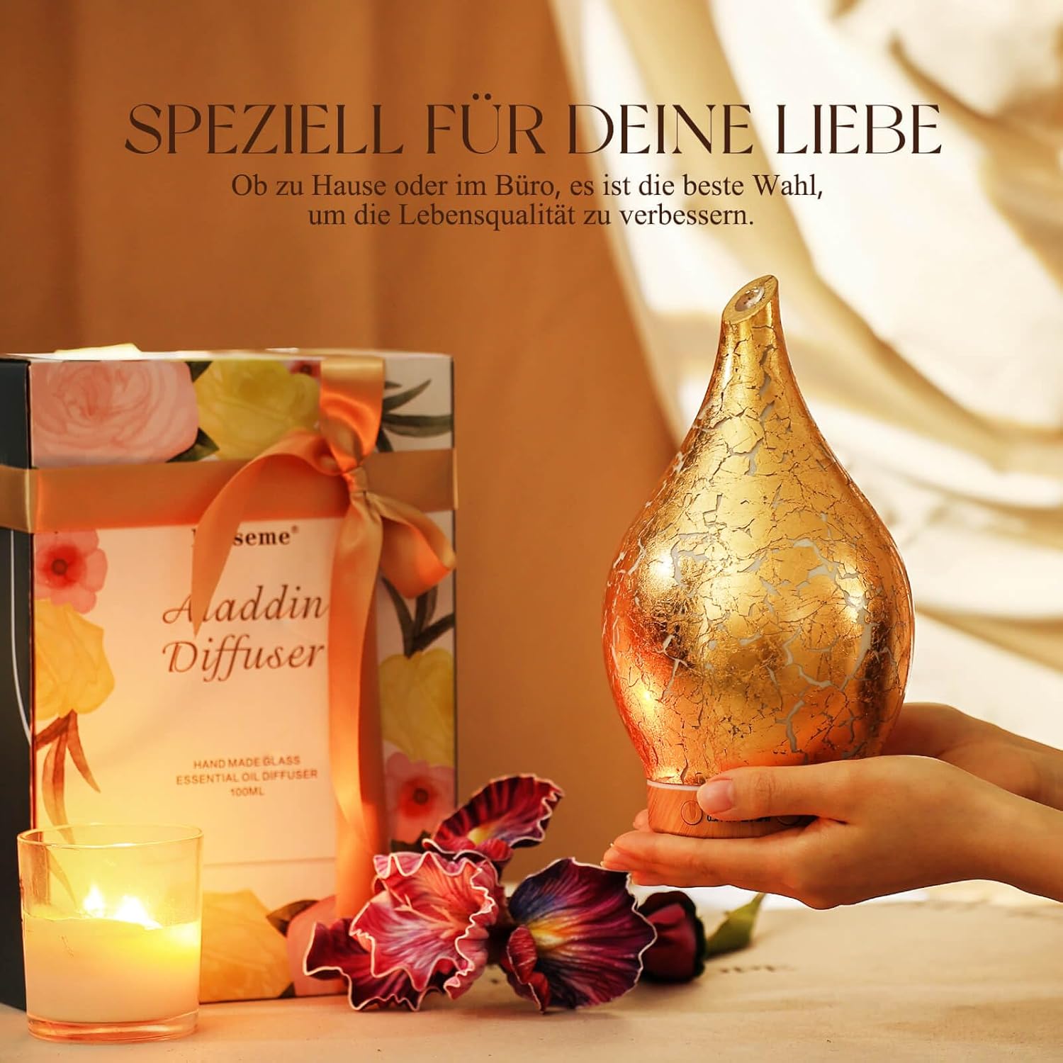 Porseme Aroma-Diffusor 150 ml, mundgeblasener Glas-Luftbefeuchter, Ultraschall-Aromatherapie-Öle-Diffusor mit 7 farbigen LED-Lichtern, Diffusor für ätherische Öle mit Timer, BPA-frei für Zuhause (vergoldet) – Bild 6