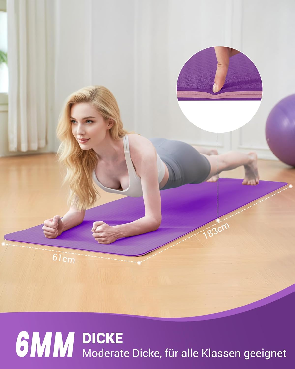Good Nite Yogamatten für Damen, rutschfeste strukturierte Oberflächen, Gymnastikmatte, 6/10 mm Stärke mit Tragegurt, TPE-Trainingsmatte für Yoga, Pilates, Gymnastik (183 x 61 cm). – Bild 2