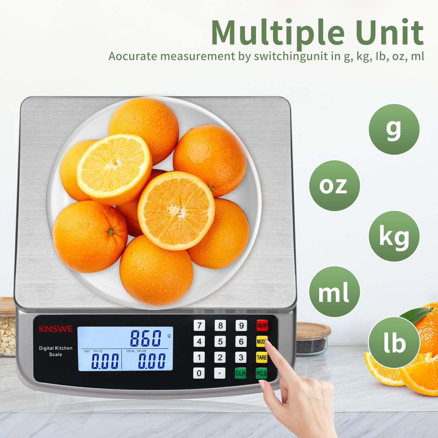 Küchenwaage 40 kg/1G, professionelle digitale Küchenwaage, große Edelstahl-Lebensmittelwaage, Obstwaage mit Tara-Funktion, PCS-Zählwaage, LCD-Display und 5 Maßeinheiten, Silber – Bild 3