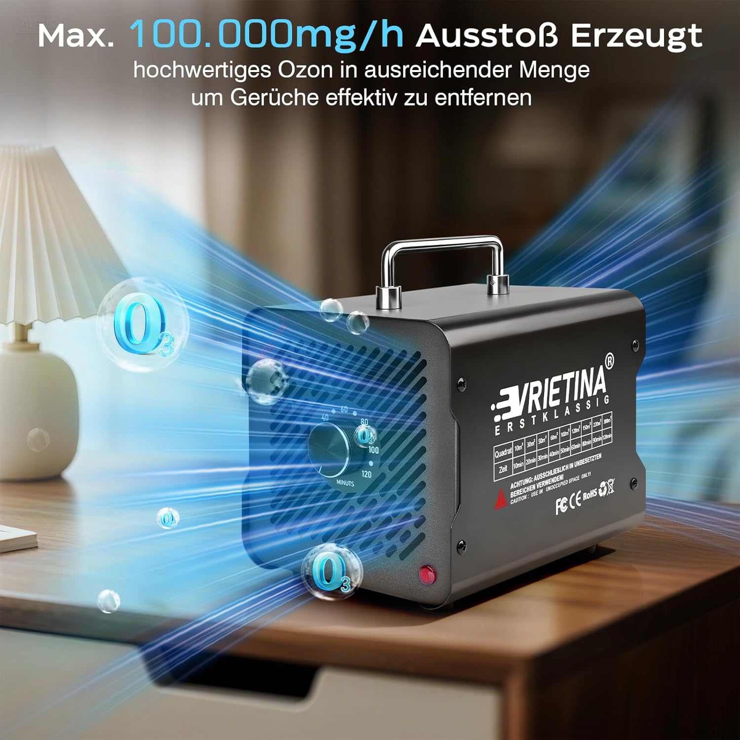 O3-Ozongenerator, 100.000 mg/h, industrielles Ozongerät mit 120-Minuten-Timer, 35-dB-Ozonisator, 150 W, Ozon-Luftreiniger bis zu 300 ㎡, Geruchsbeseitiger, Geruchsneutralisator für Auto-/Haus-/Rauch-/Haustier-/Küchengerüche – Bild 2