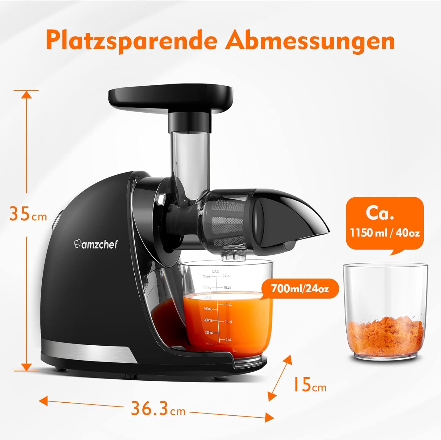 AMZCHEF Entsafter Gemüse und Obst Testsieger – Entsafter Slow Juicer mit umgekehrter Kaufunktion – schonendes Zerkleinern ohne Filter – elektrischer Entsafter mit Bürste und 2 Tassen – mattschwarz – Bild 9