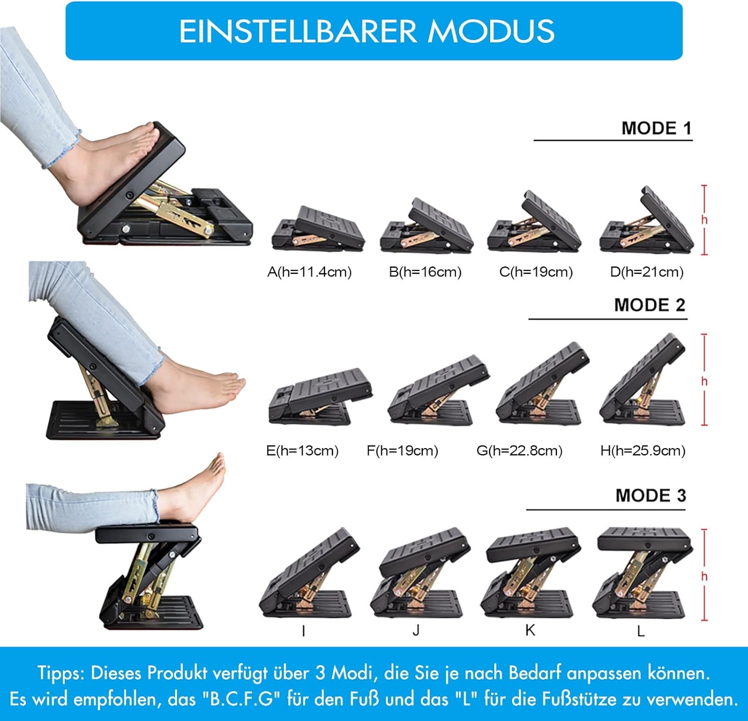 Fußstütze, Schreibtisch-Fußstütze, verstellbarer Fußhocker mit Massage, ergonomischer Höhenwinkel, verstellbar, für Büro und Zuhause (schwarz) – Bild 4