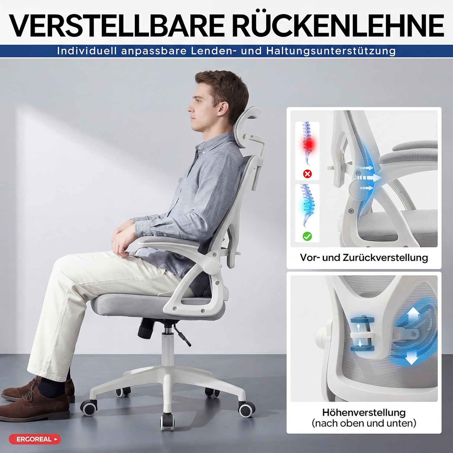 Ergonomischer Netz-Bürostuhl für das Heimbüro, mit verstellbarer Lordosenstütze & 2D-Kopfstütze, klappbaren Armlehnen, leisen PU-Rädern, stabiler Gasfeder Klasse 3, bis 150 kg (Grauweiß) – Bild 4