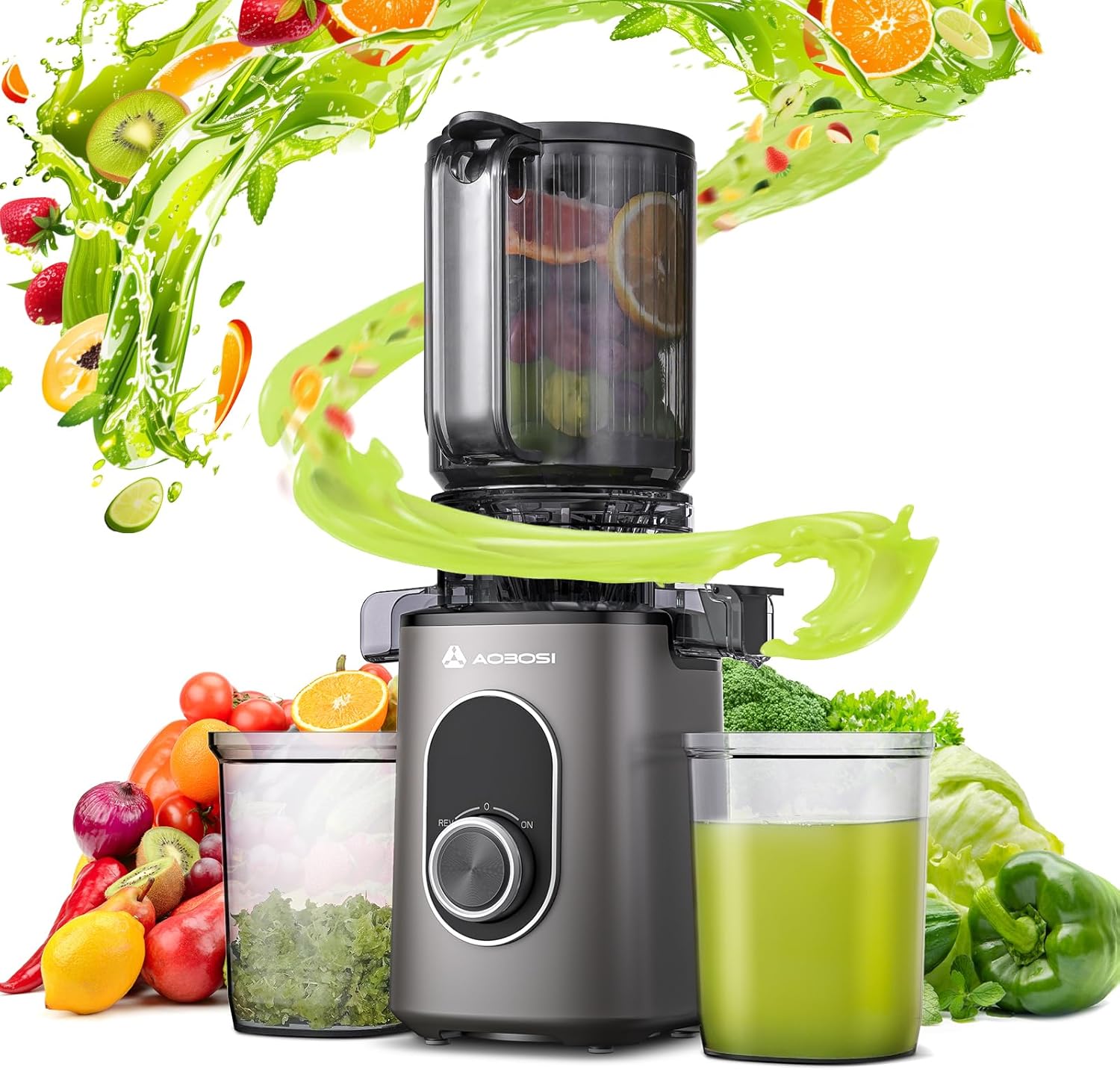 AAOBOSI SlowJuicer für Gemüse und Obst, hohe Saftausbeute, elektrischer Entsafter mit Umkehrfunktion, leicht zu reinigen, BPA-frei
