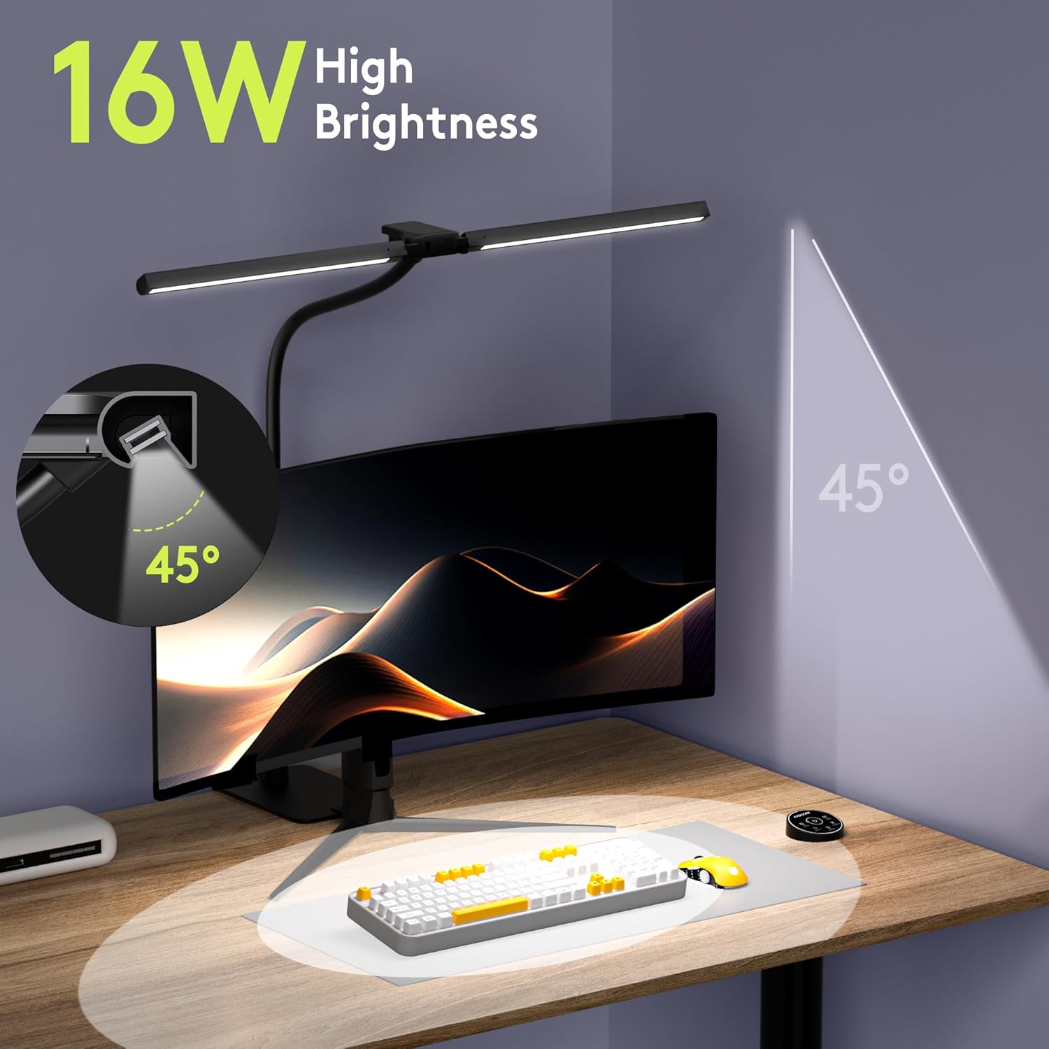 EYOCEAN Schreibtischlampe, Doppelkopf Schreibtischlampe Kinder, Augenschutz Schreibtischlampe, 16W 72cm Tageslichtlampe Schreibtisch mit Fernbedienung, Dimmbare Monitorlampe, Schwanenhals Bürotischlampe – Bild 2