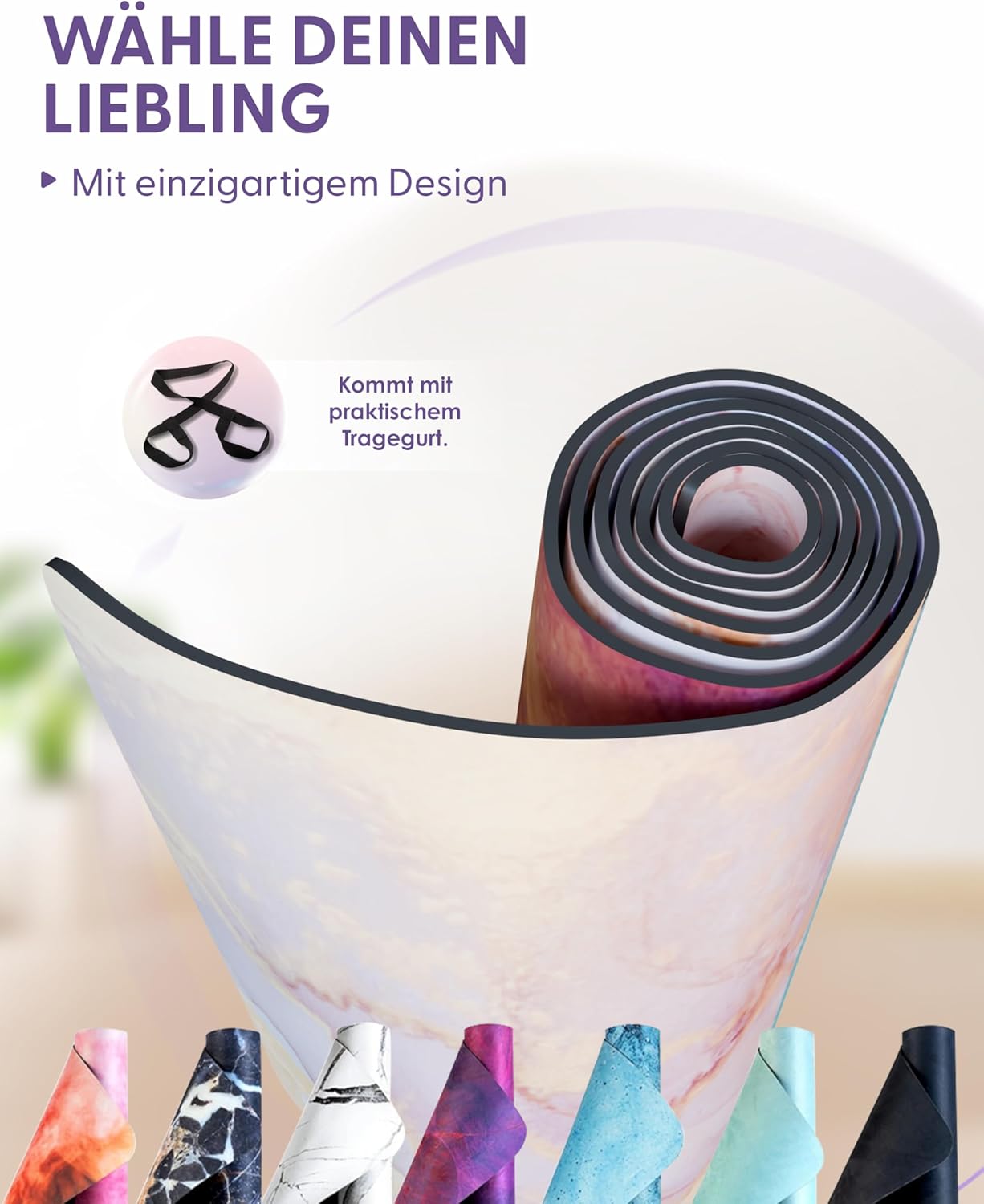 Fitnessmatte, Yogamatte, Gymnastikmatte, 183 cm x 68 cm x 4 mm, aus umweltfreundlichem Naturkautschuk und rutschfest mit Design und Tragegurt. – Bild 6