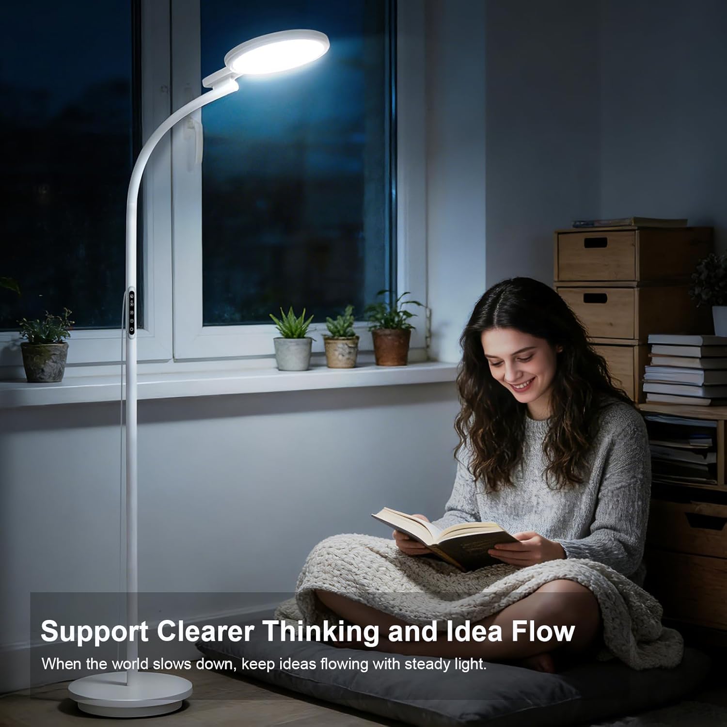 3-in-1 Tageslichtlampe 10000 Lux Runde Stehleuchte Tageslichtlampe Stehleuchte, SAD Lampe mit Fernbedienung & Touch-Steuerung & verstellbarem Schwanenhals für Lesen/Büro/Zuhause (Weiß) – Bild 3